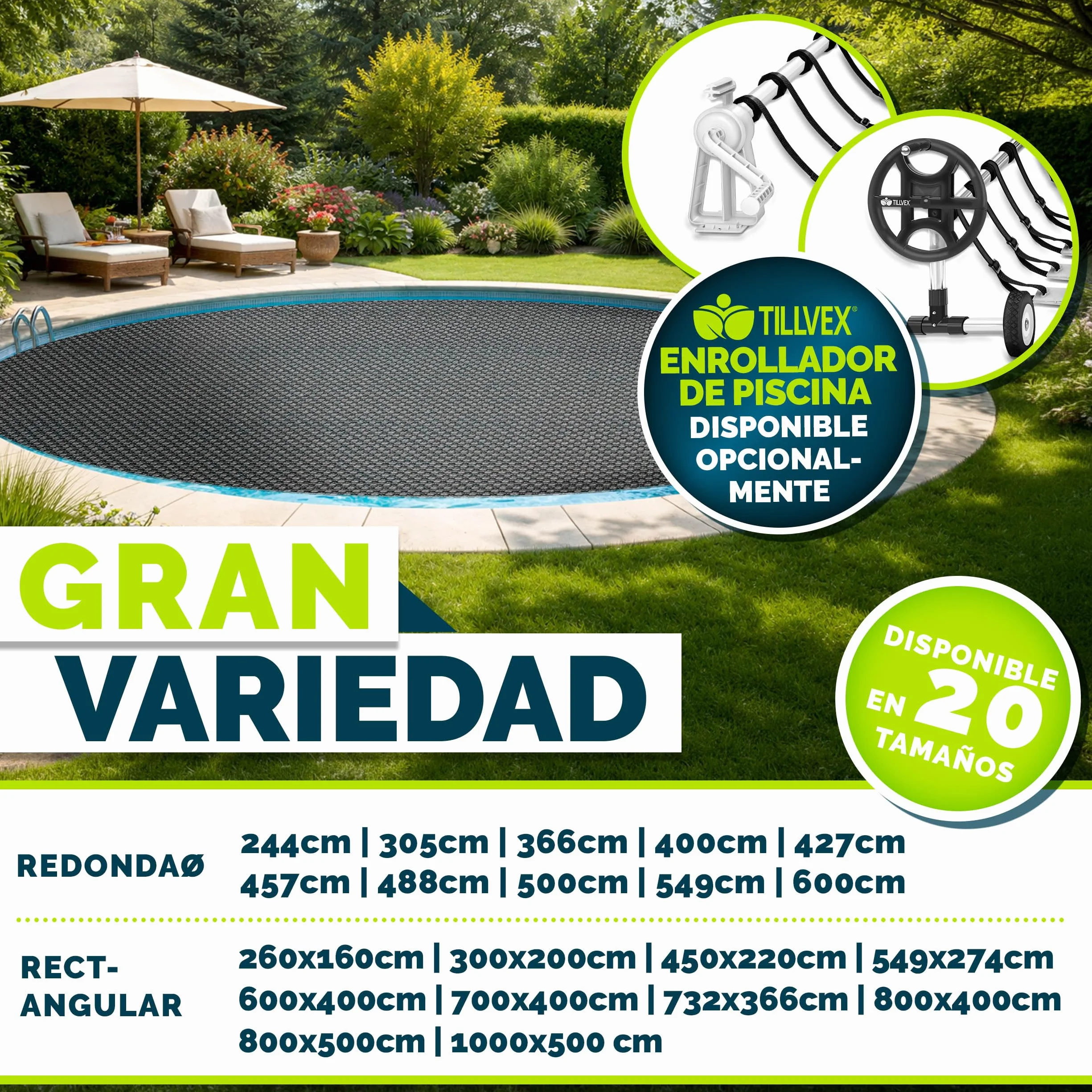 tillvex® Elite Lona Solar para Piscina 400 µm Rectangular 732 x 366 cm Cubierta Térmica Recortable ProHeat QB4