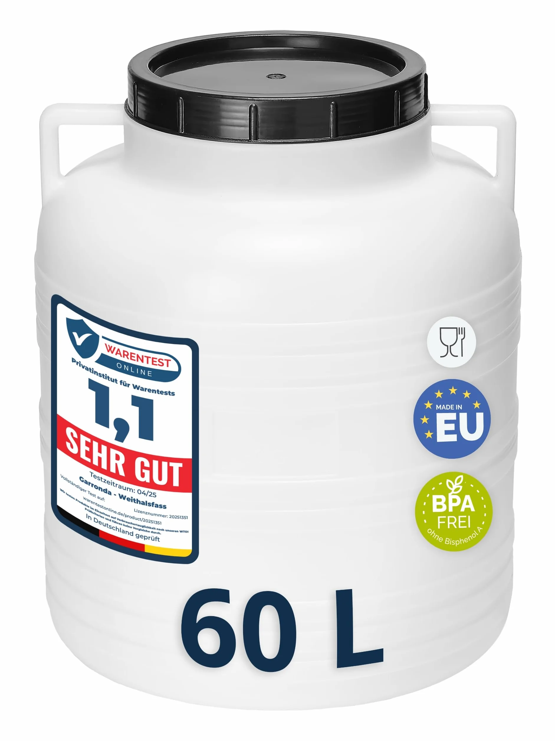 Garronda 60 litros Barril BPA-Libre Boca Ancha Depósito Agua Contenedor Tapa Sauerkraut Cuba Lluvia Salmuera Carne Blanco