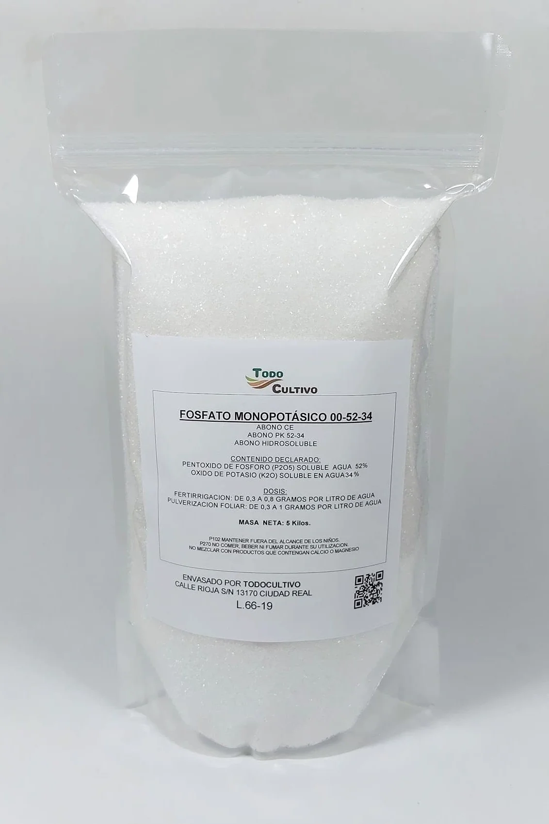Fosfato Monopotásico 00-52-34 MKP KH₂PO₄ 5 Kilos Hidrosoluble Cristalino