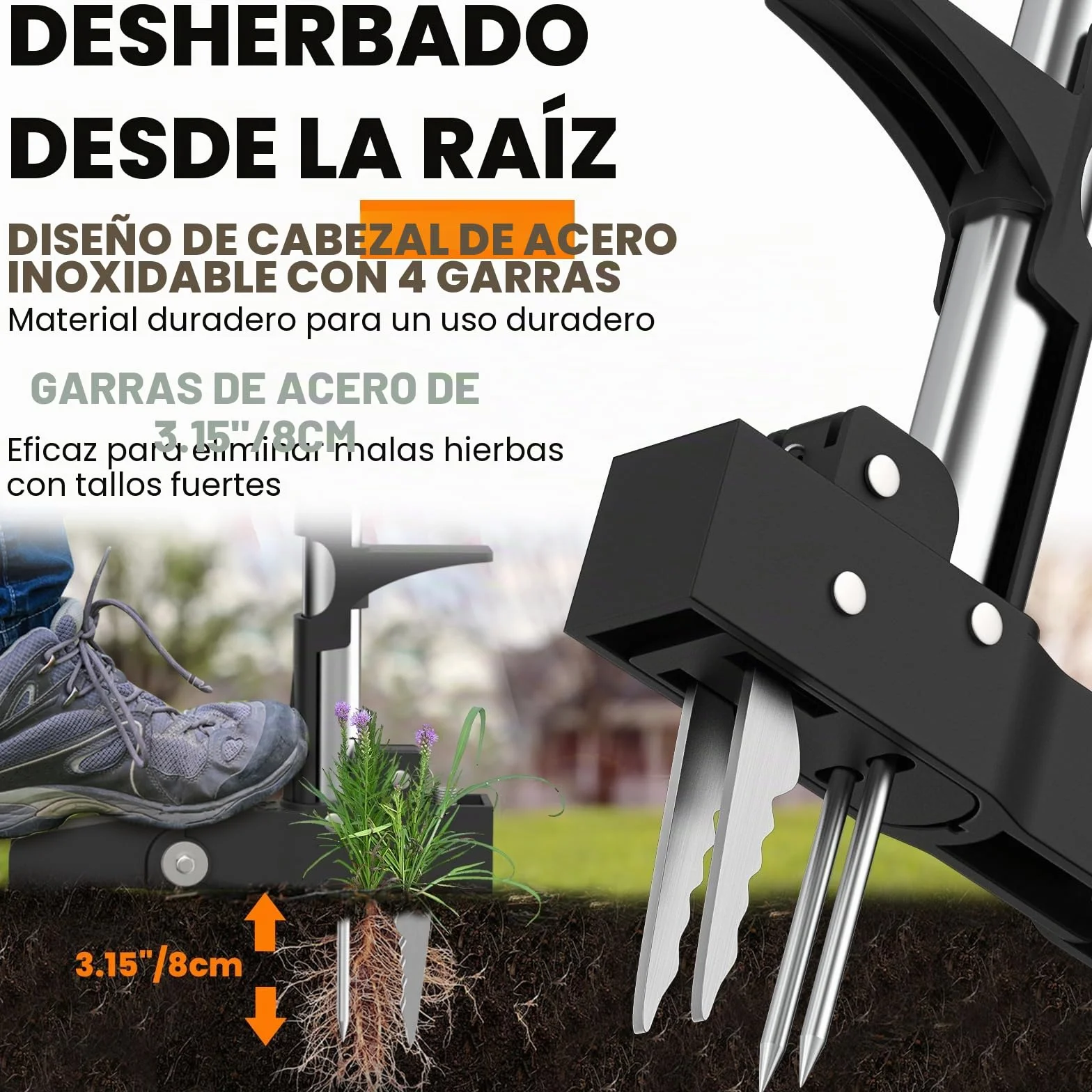 Herramienta de arrancar malas hierbas con 4 garras y mango de 39"