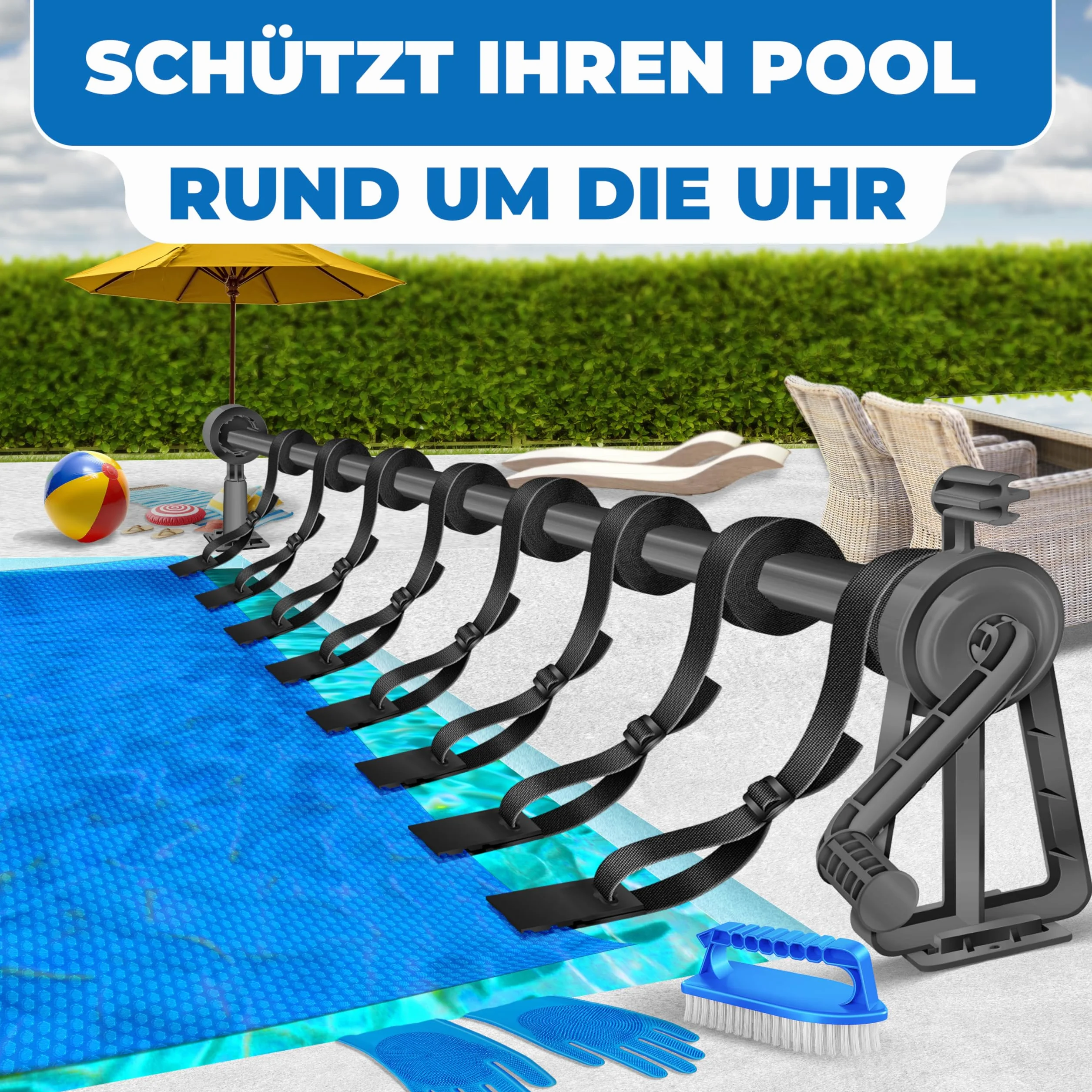 KESSER Enrollador de piscina 1,05 m – 6,15 m para lona solar resistente a la intemperie con cintas cepillo y guantes