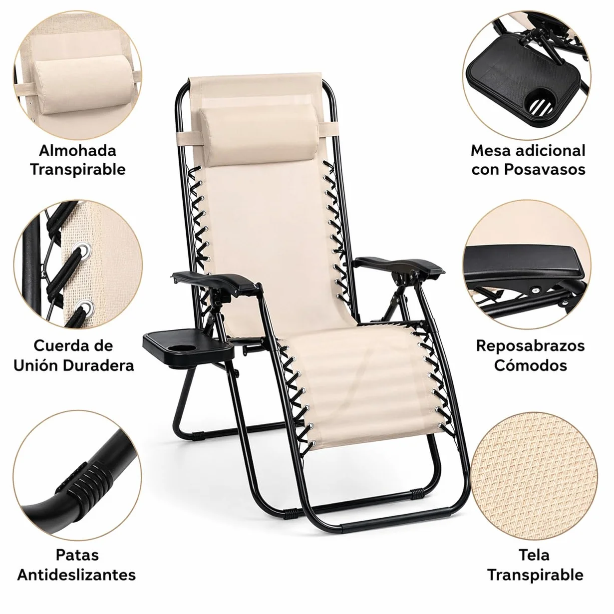 Pack 2 Tumbonas Plegables Reclinables Exterior Gravedad Zero Acero Ligero Portavasos Beige