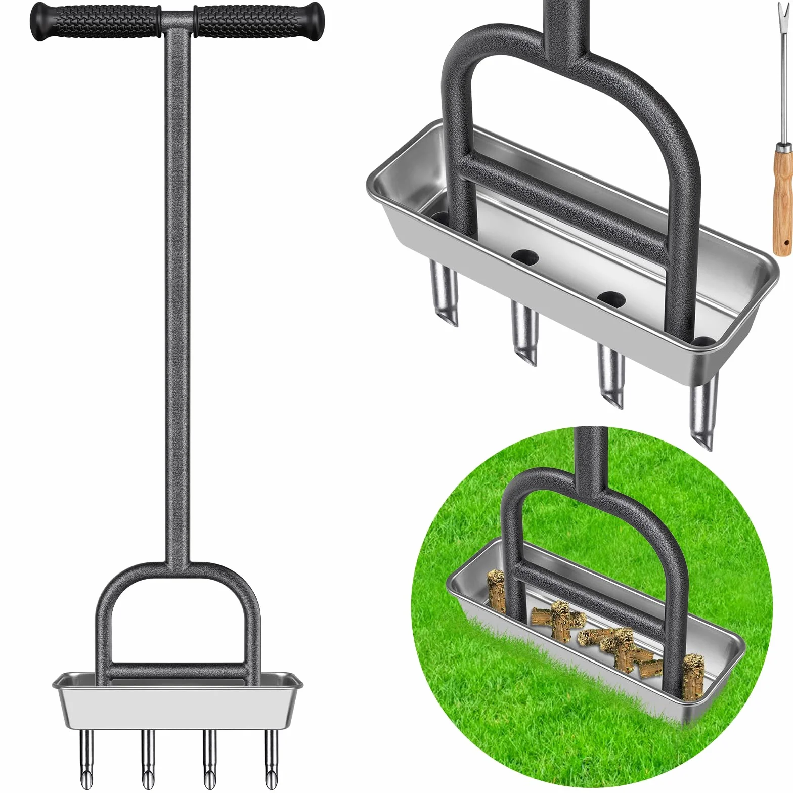 Manual Aireador de césped, Carpintero con Bandeja y Herramientas de jardín, Herramienta de ventilación con Mango de Goma para airear el césped, Suelos compactados