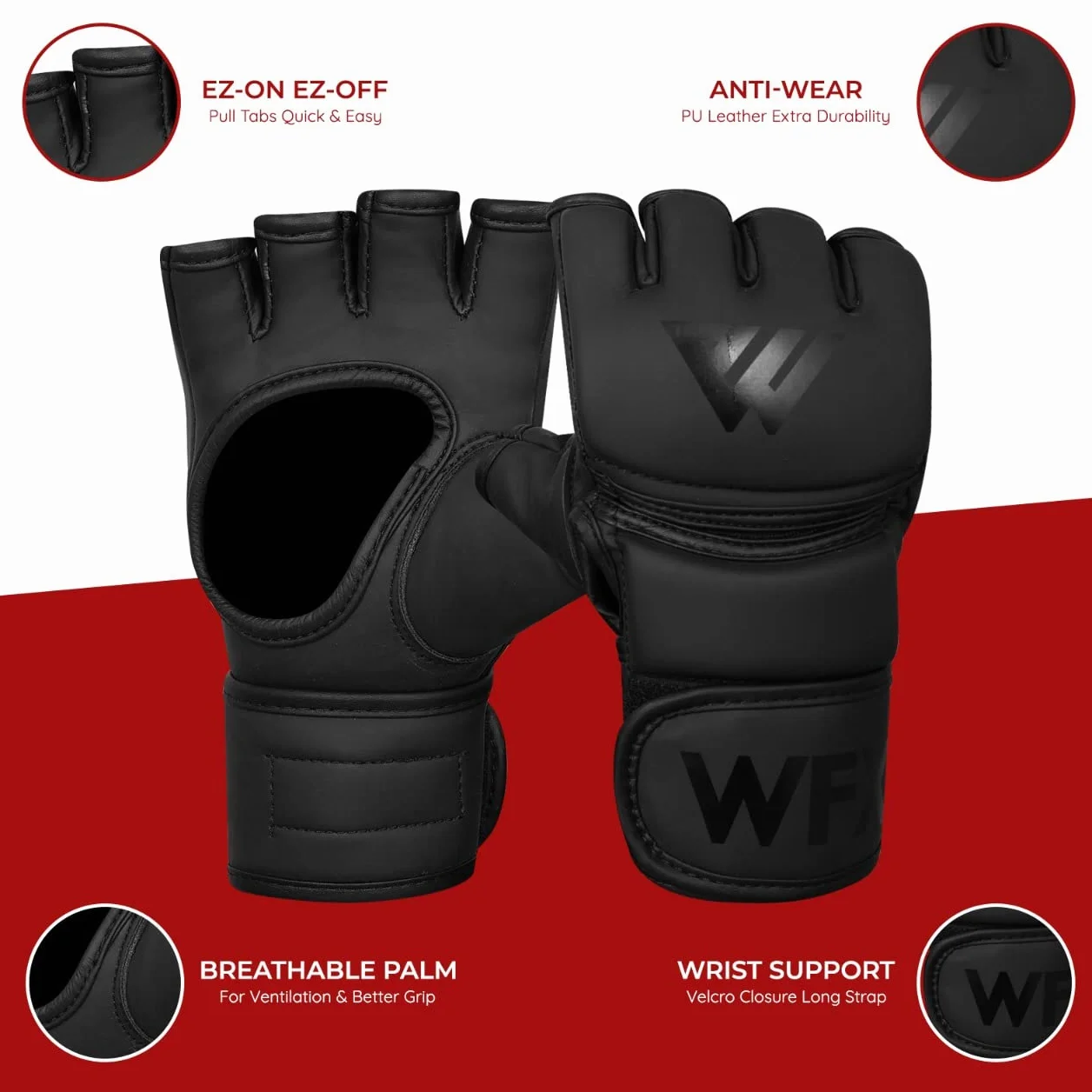 Guante de Boxeo MMA Palma Abierta Nudillo Acolchado Cuero Entrenamiento Arte Marcial (Negro, S)