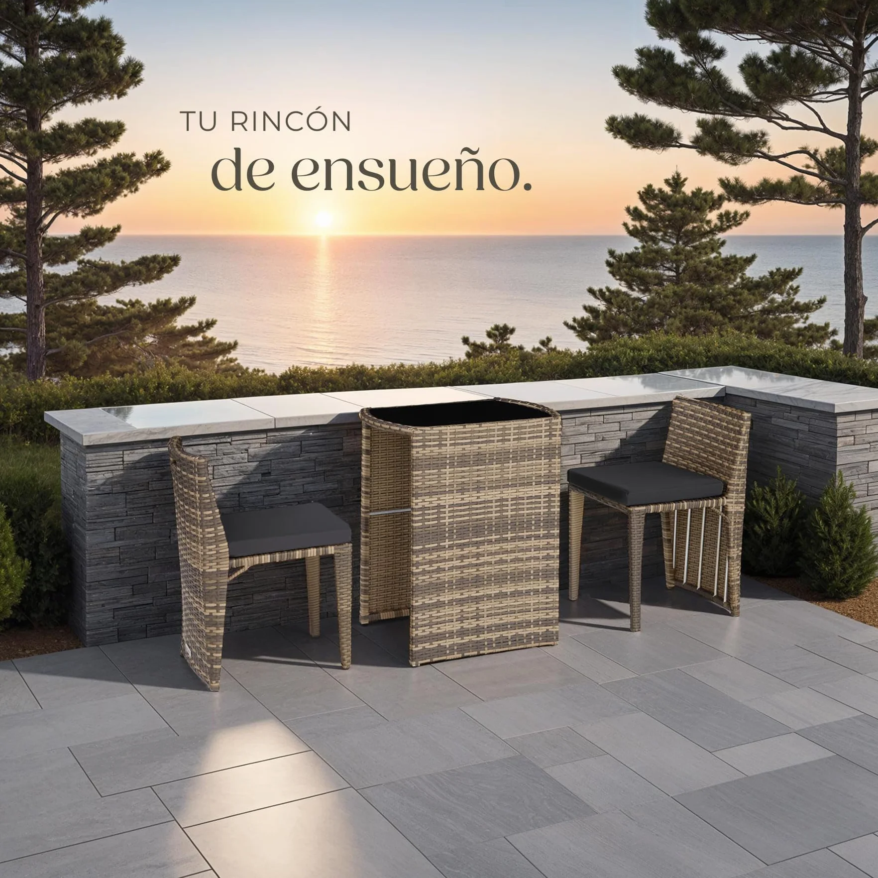 Tectake Conjunto Jardín Exterior Ratán Aluminio 2 Sillas Cojines Mesa Cristal Natural