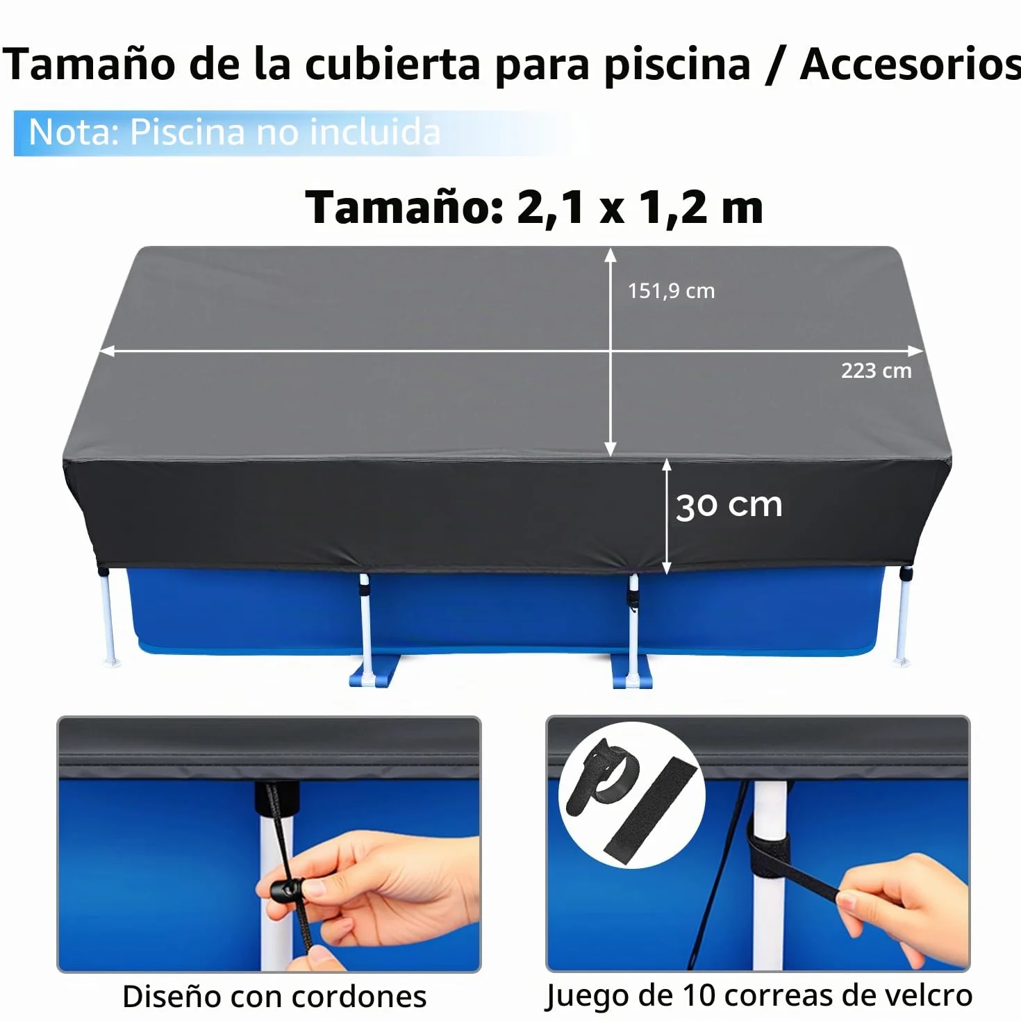 Cubierta para piscina rectangular 220 x 150 cm lona solar verano invierno