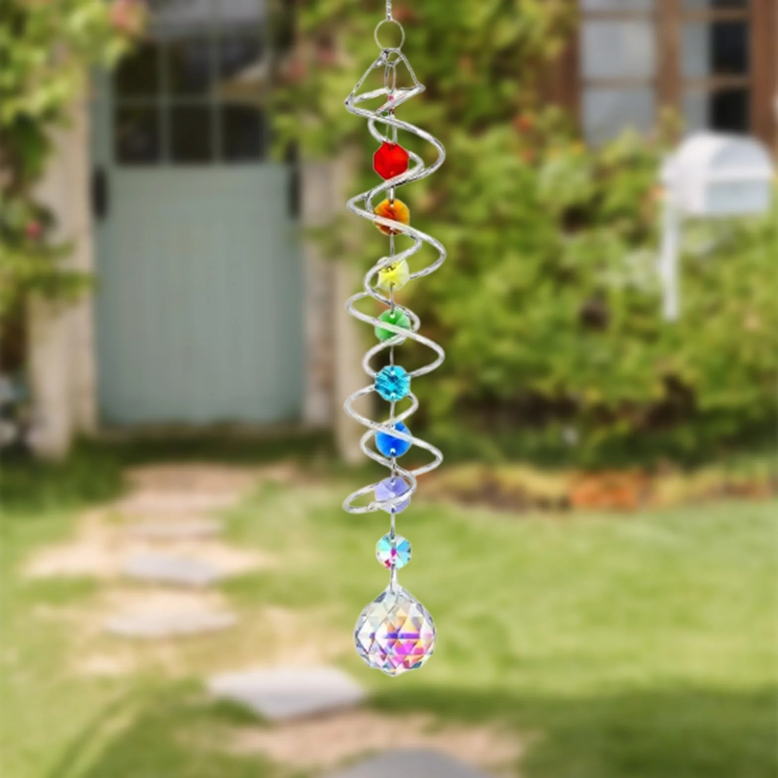 Atrapasol de Cristal 45 cm con Espiral Doble, Colgante Multicolor Carillón de Viento