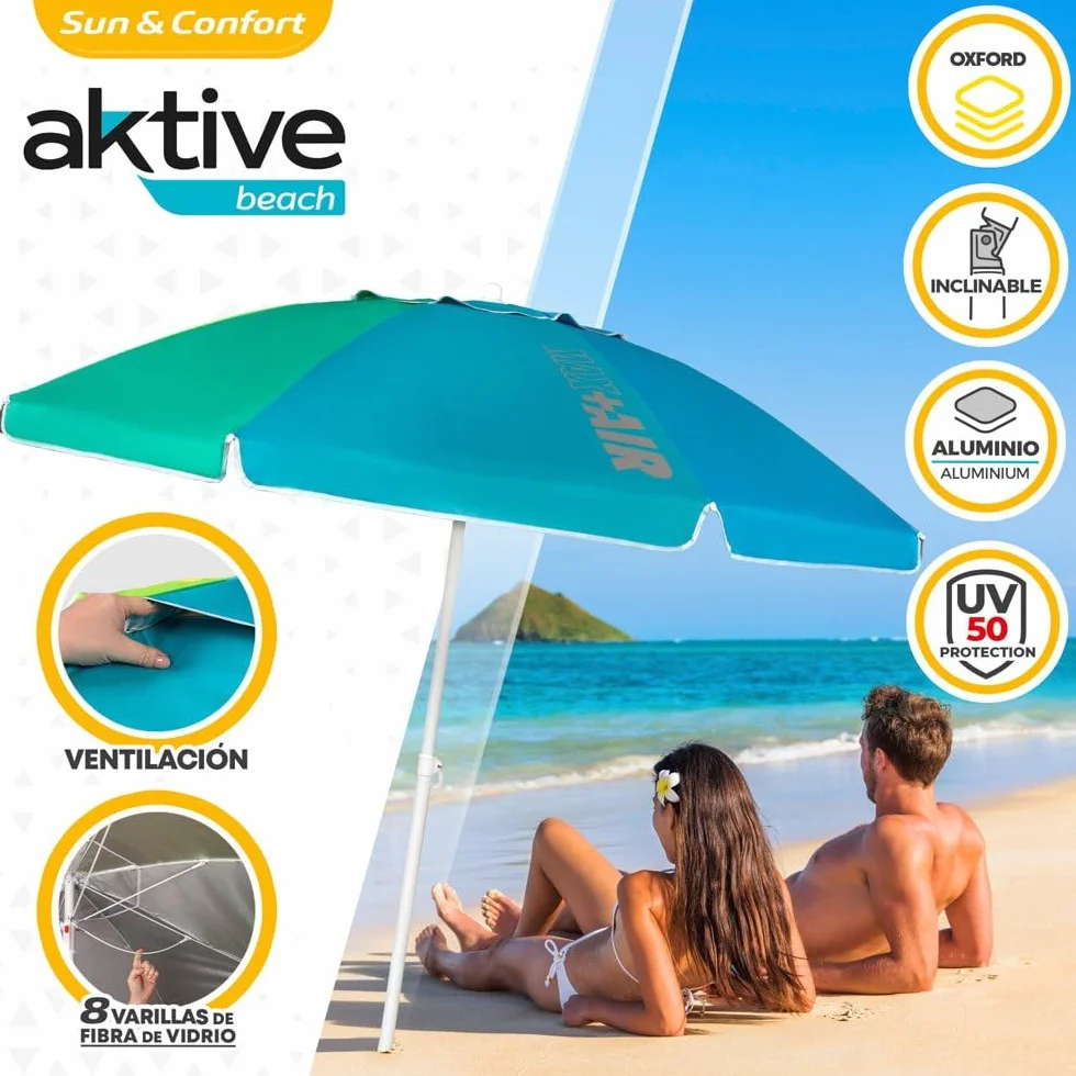 Aktive Sombrilla de playa grande Ø200 cm protección UV 50 resistente al viento mástil flexible