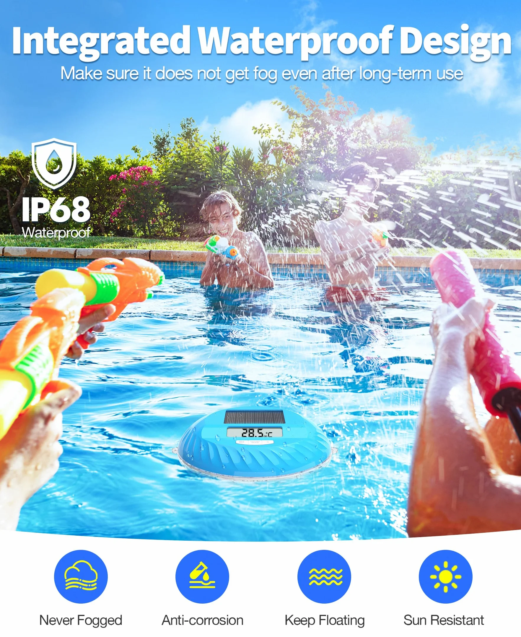 LuxBlue Termómetro Piscina Flotante con Luces LED Solar IP68 Impermeable Digital