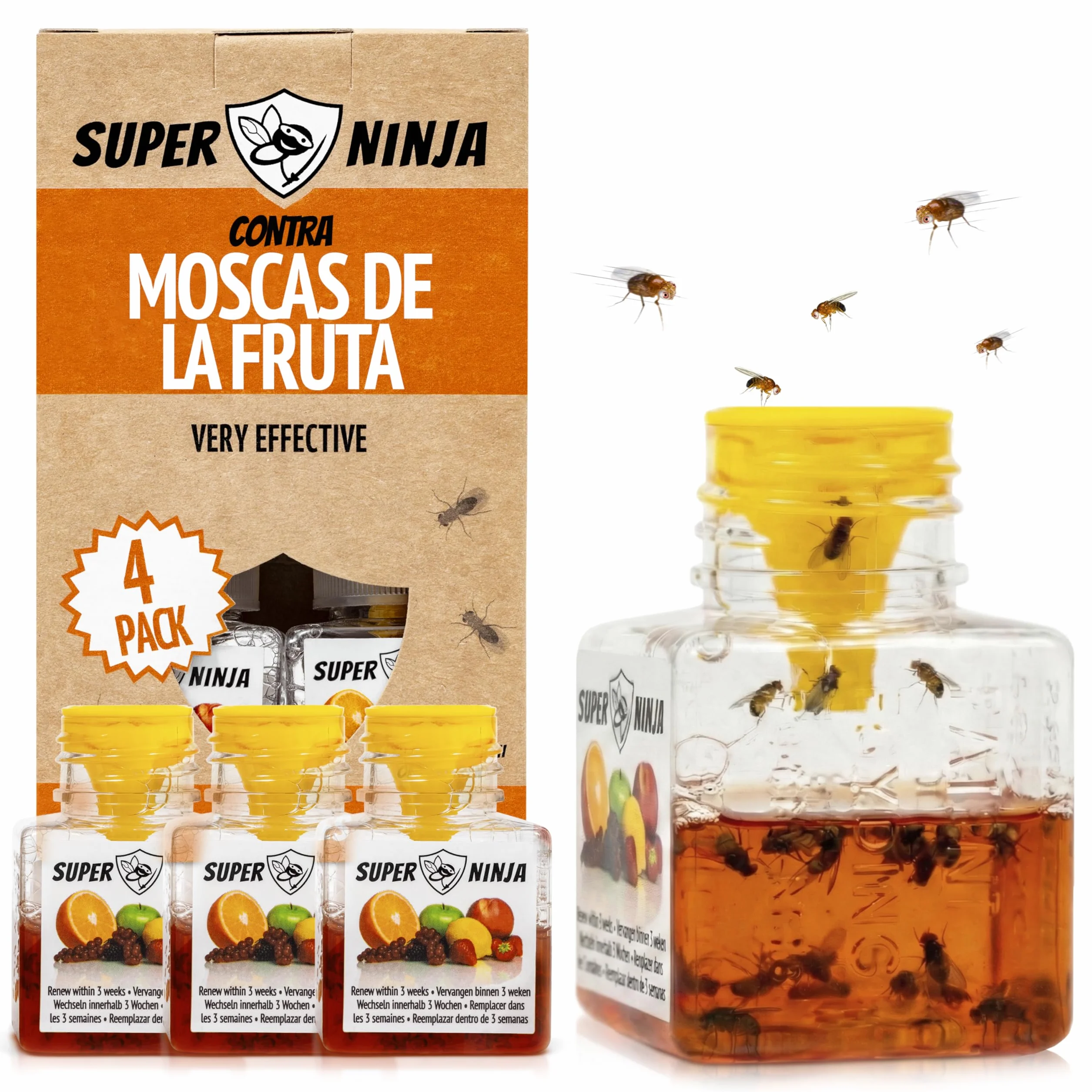 Trampas para Moscas de la Fruta Pack de 4, Trampa para Moscas Interior Hogar y Cocina, Cebo Líquido Efectivo