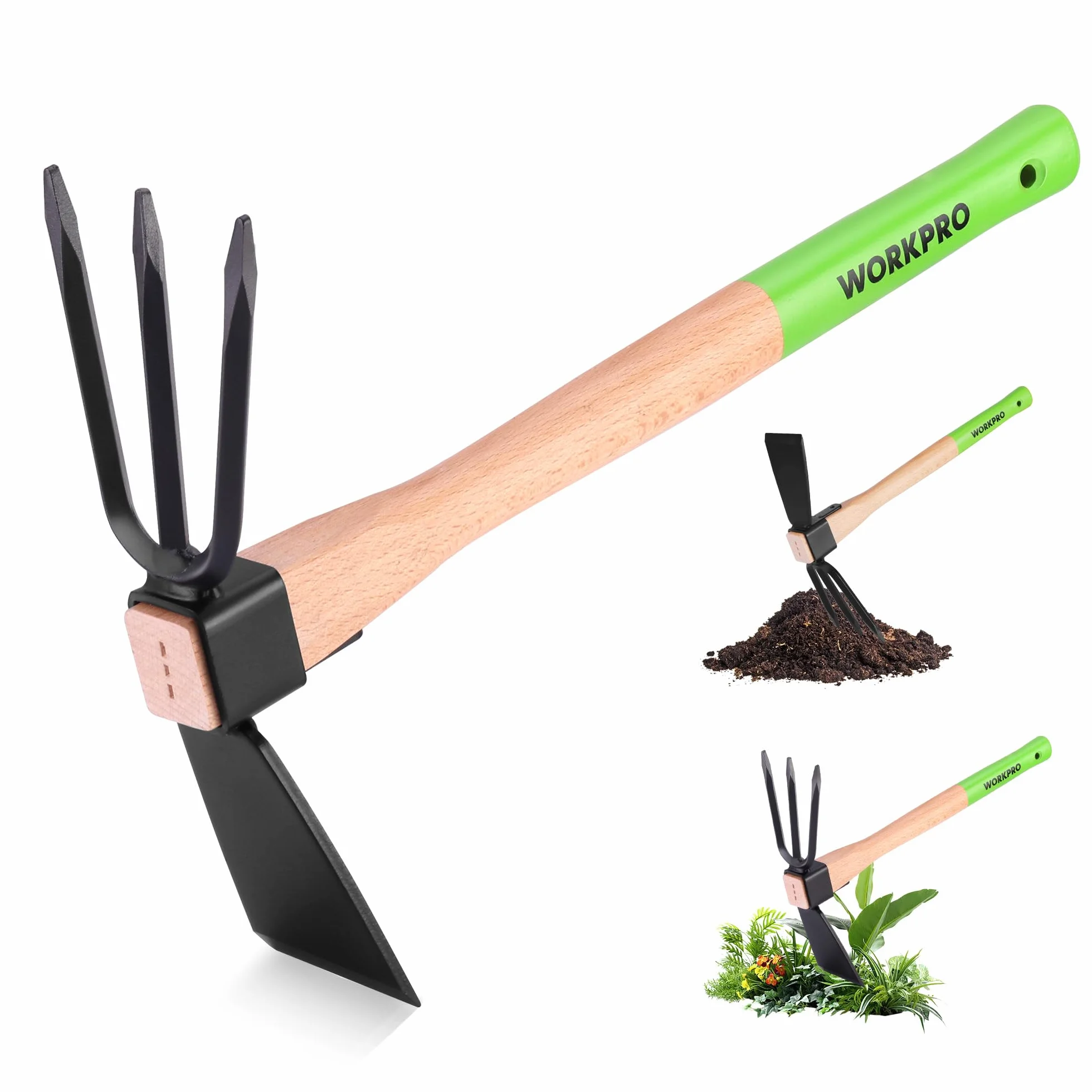 WORKPRO Azada Doble Jardín 2 en 1 Acero Cultivador 3 Dientes Mango Madera 36 cm Jardinería