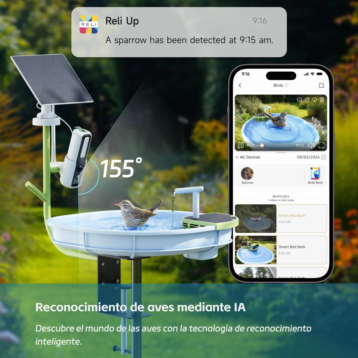 RELI Birddy Original Smart Bird Bath con cámara solar