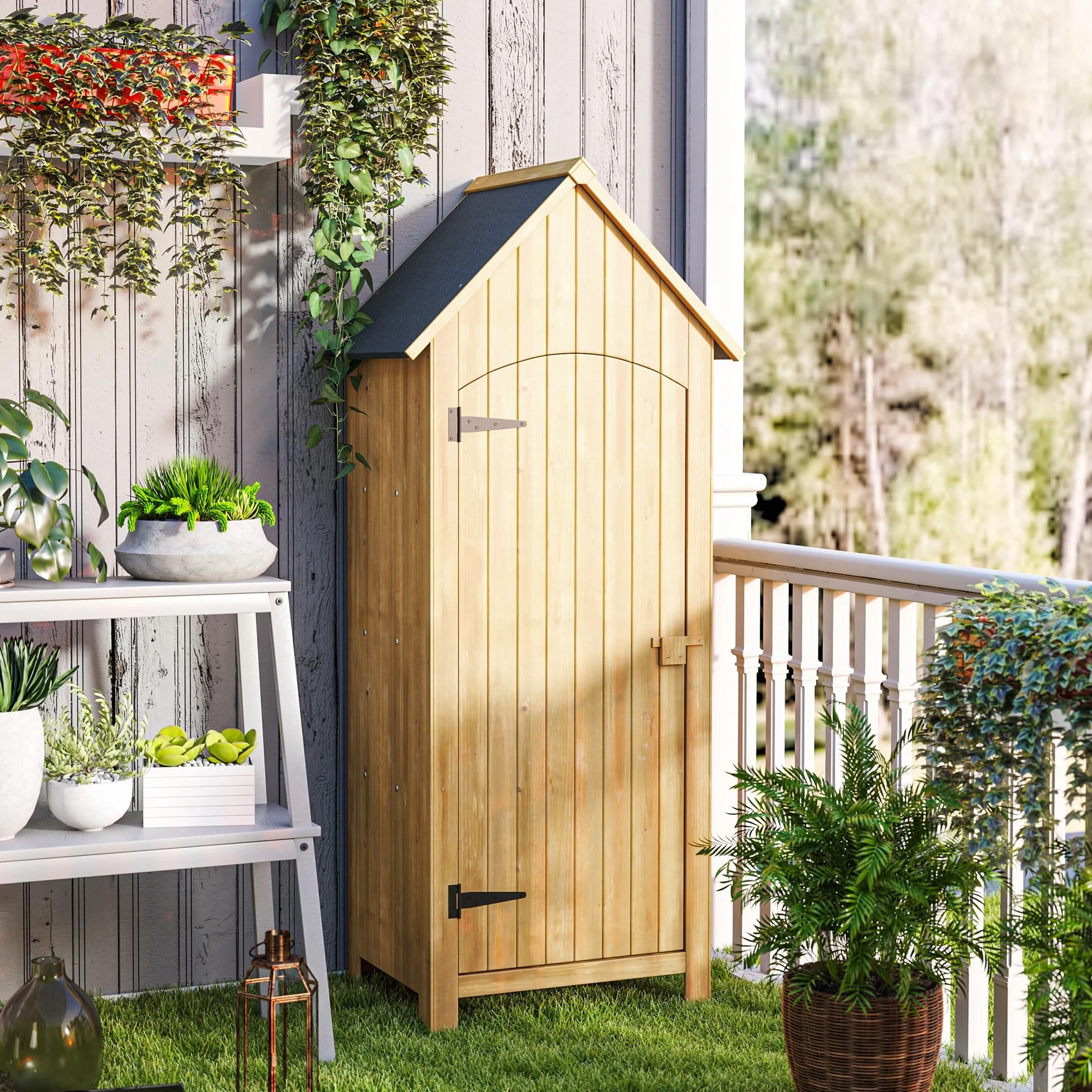 Outsunny Caseta Jardín Exterior Madera 77,5x54,2x179,5 cm 0,3 m² Cobertizo Almacenaje Herramientas 3 Estantes 2 Puertas Cerrojo