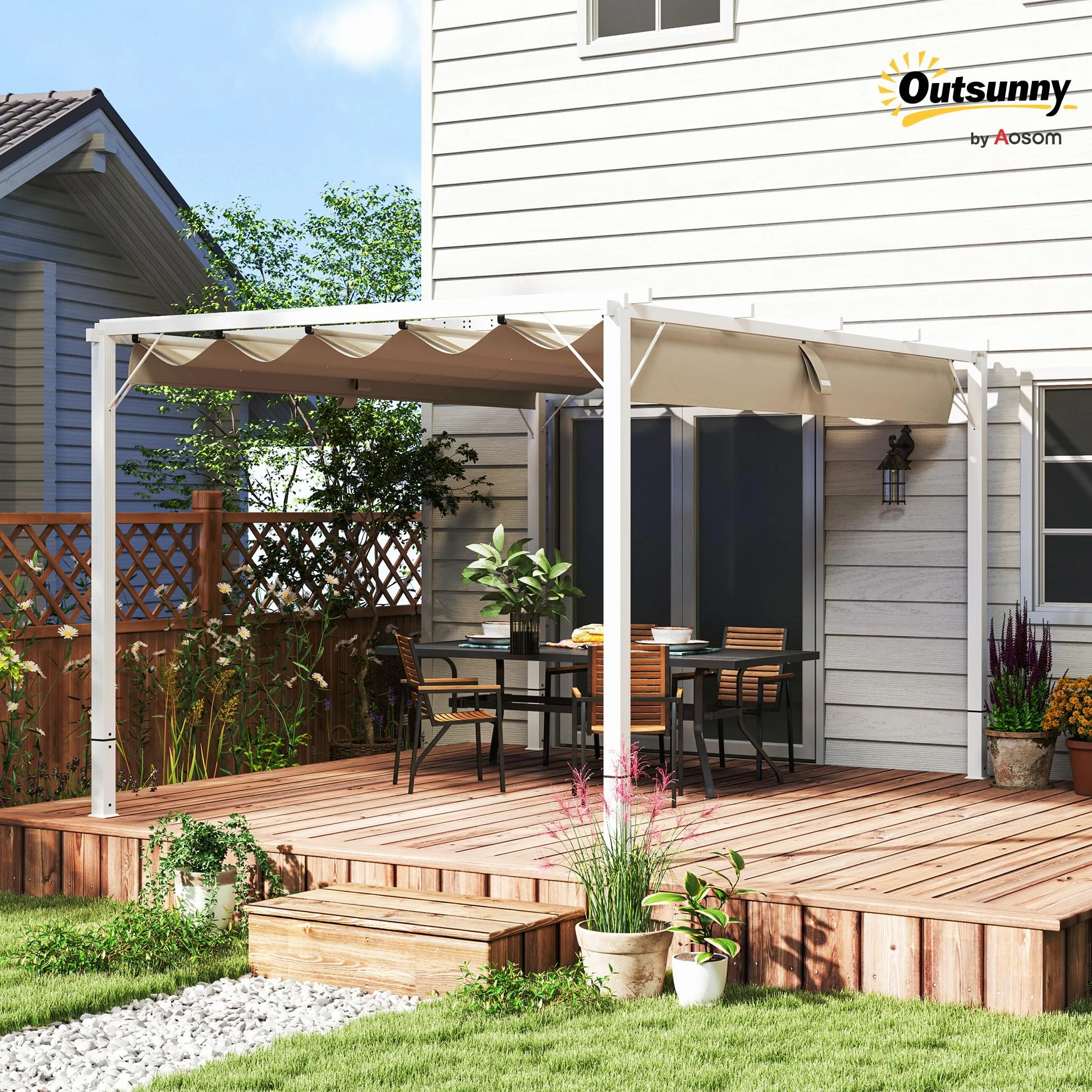 Outsunny Pérgola Exterior Aluminio Retráctil 3x4 m, Cenador Techo Poliéster 180g/m², Protección Solar UPF30+, Blanco