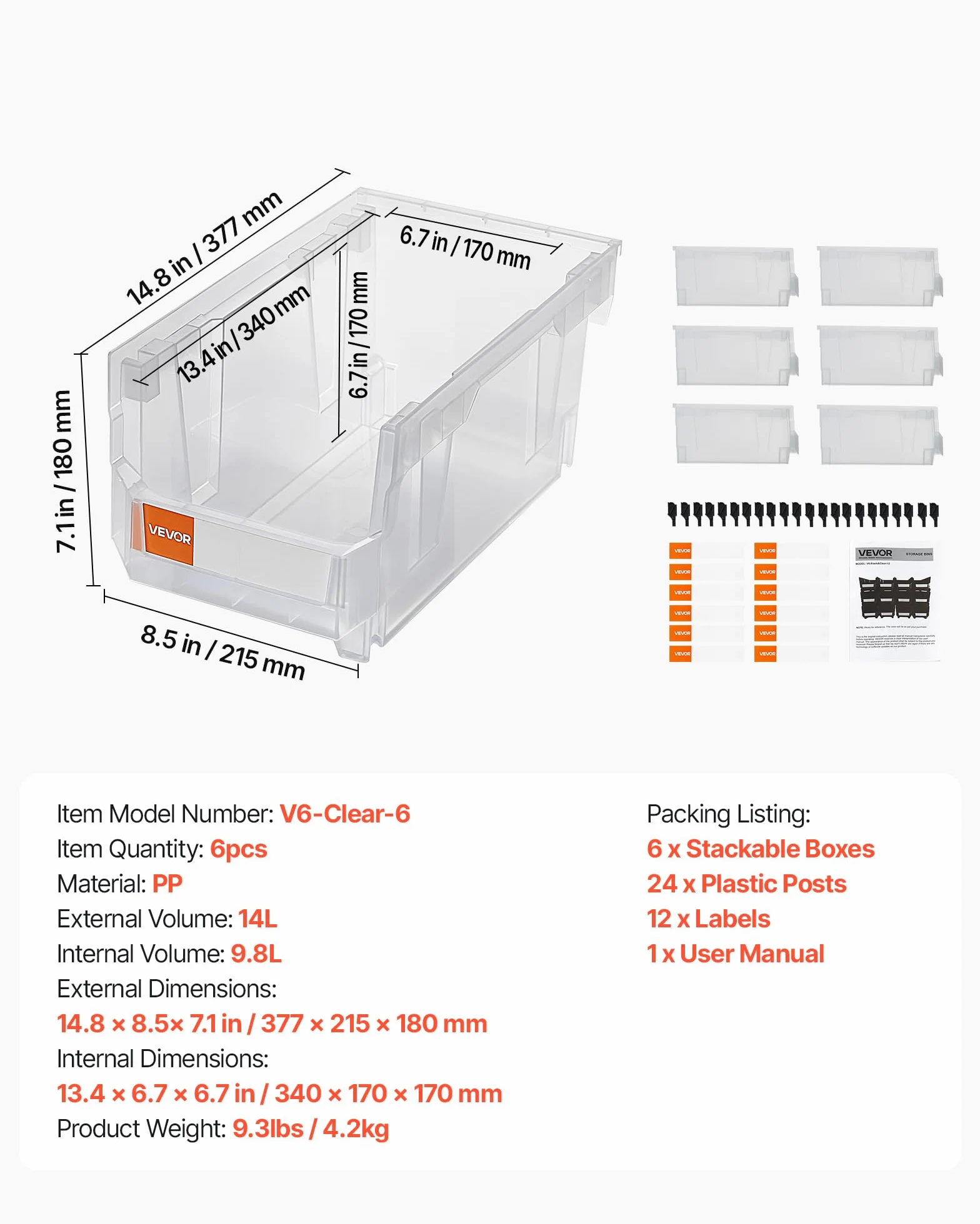 VEVOR Cajas Apilables 377 x 215 x 180 mm Transparentes Almacenamiento