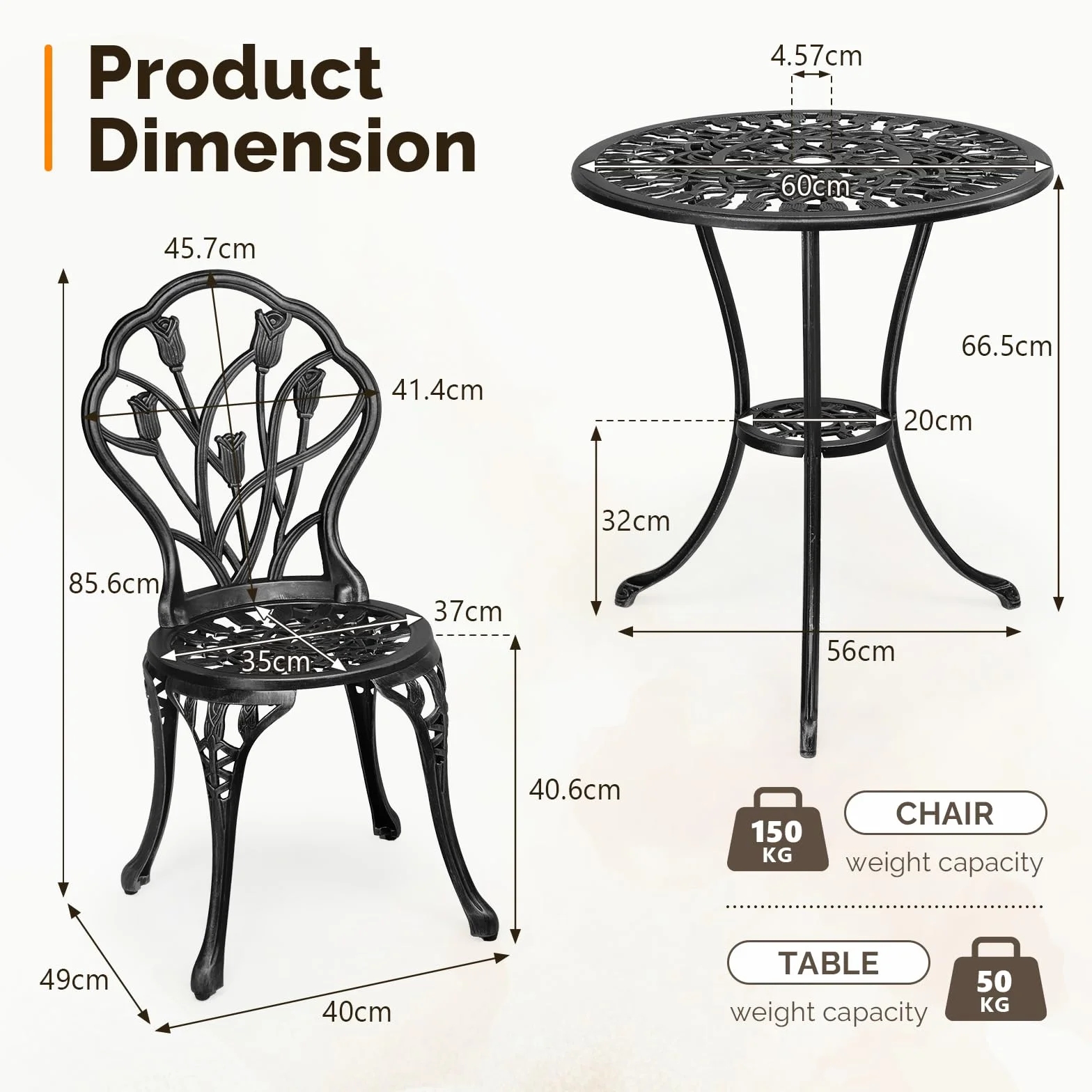 Bonnlo Juego Muebles de Jardín 3 Piezas Aluminio Fundido Mesa Redonda 2 Sillas Exterior Terraza Negro