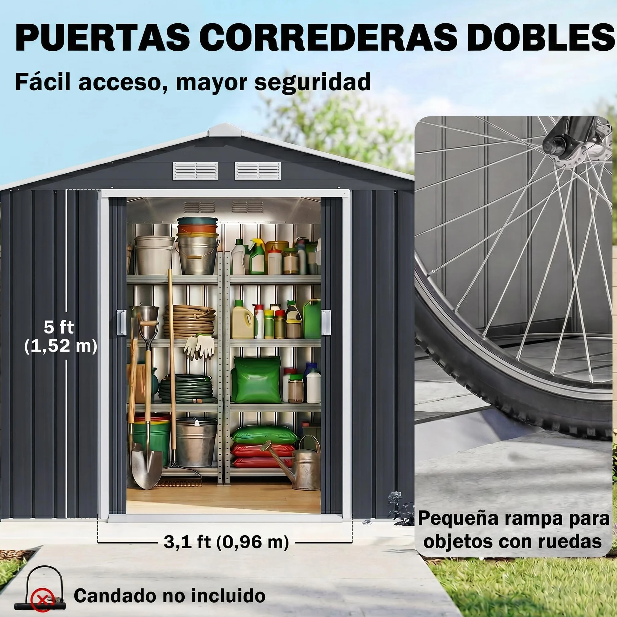 Outsunny Cobertizo de Jardín 2,42m² 213x130x185 cm Caseta Exterior 2 Puertas Correderas 4 Ventanas Almacenamiento Herramientas Gris Oscuro