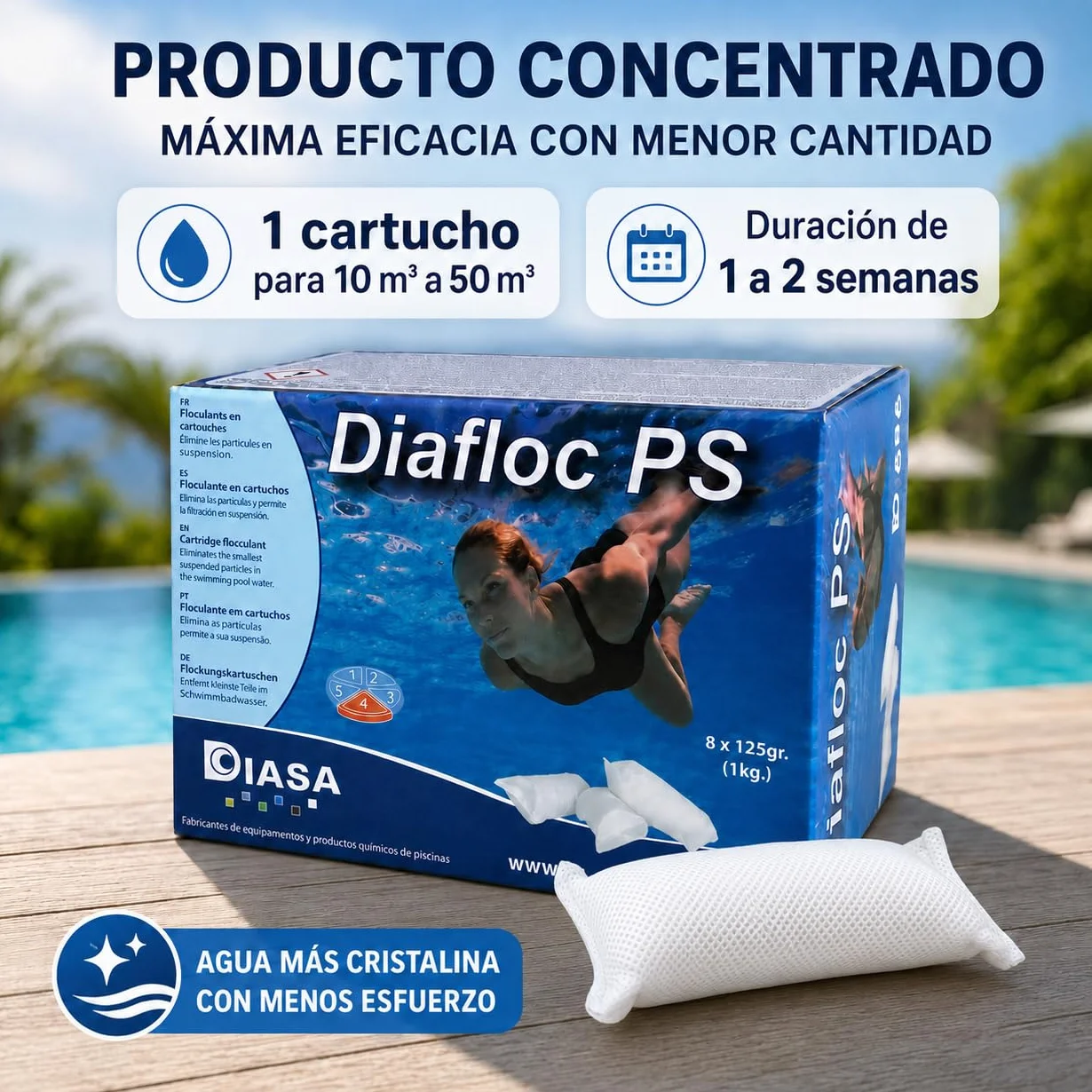 DIASA INDUSTRIAL DIAFLOC PS Floculante Clarificante para Piscinas 1 KG - 8 saquitos de 125 g