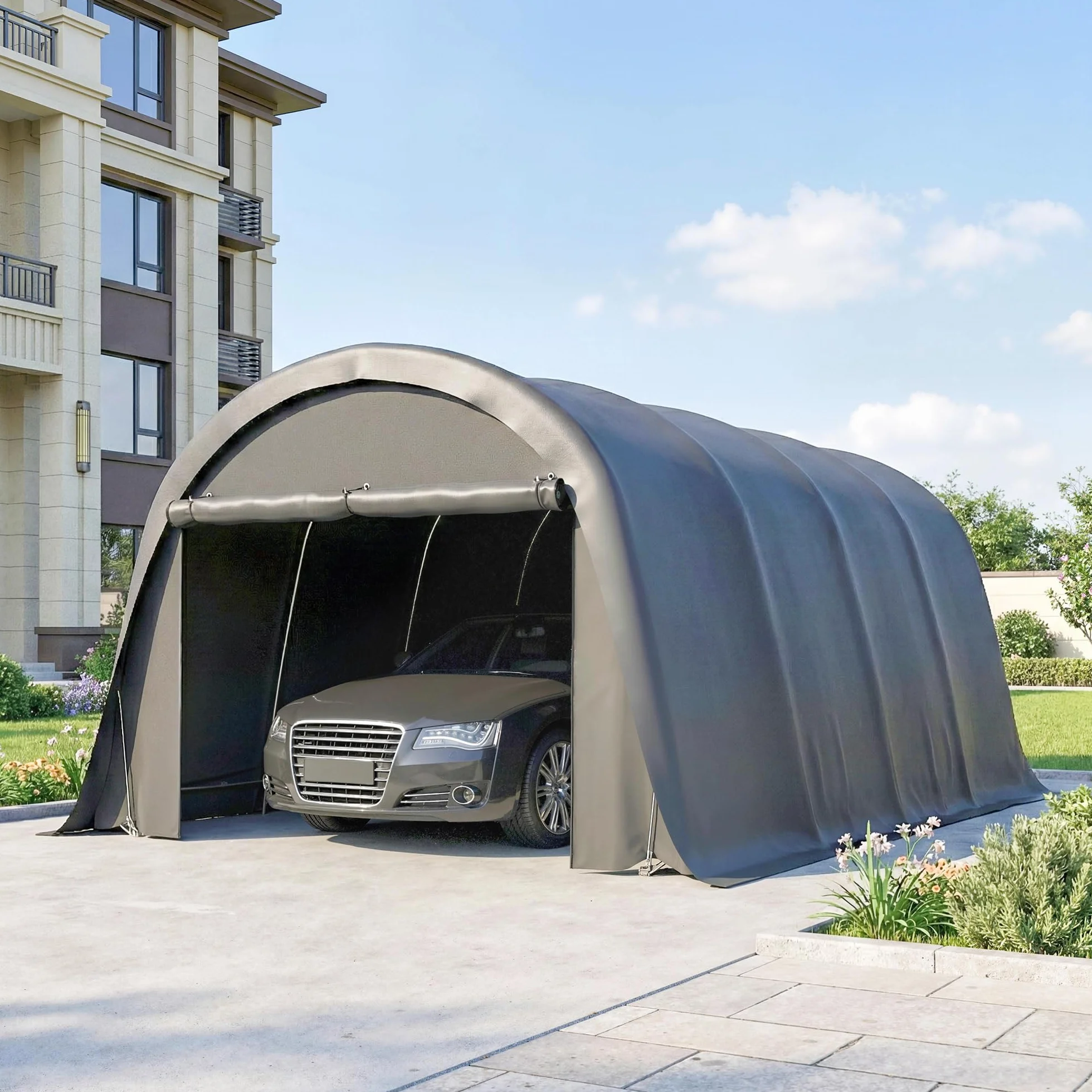 Outsunny Carport impermeable 3x6 m con paredes laterales extraíbles puerta enrollable techo arqueado UPF50+