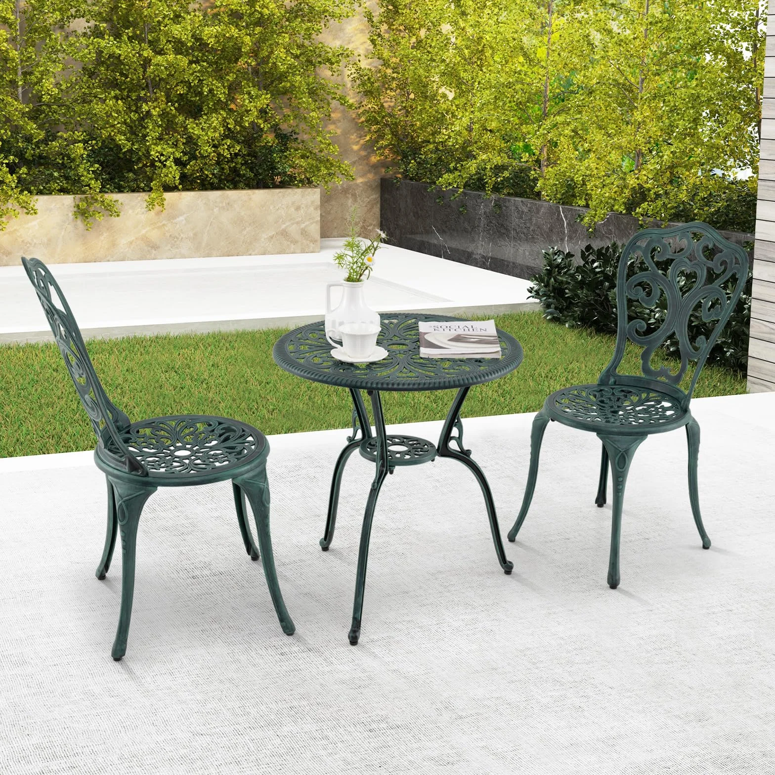 COSTWAY Conjunto Jardin Exterior 3 Piezas Sillas Mesa Aluminio Fundido Agujeros Sombrilla