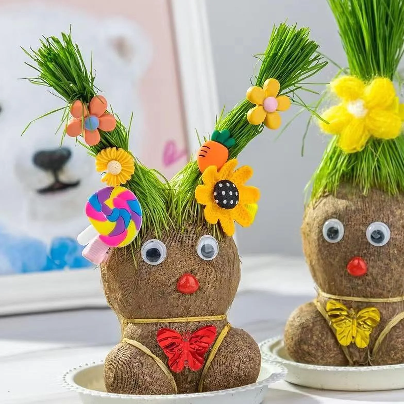 Maceta Cabeza de Muñeca Planta de Hierba con Bandeja, Set de 2, Plantas en Maceta para Niños