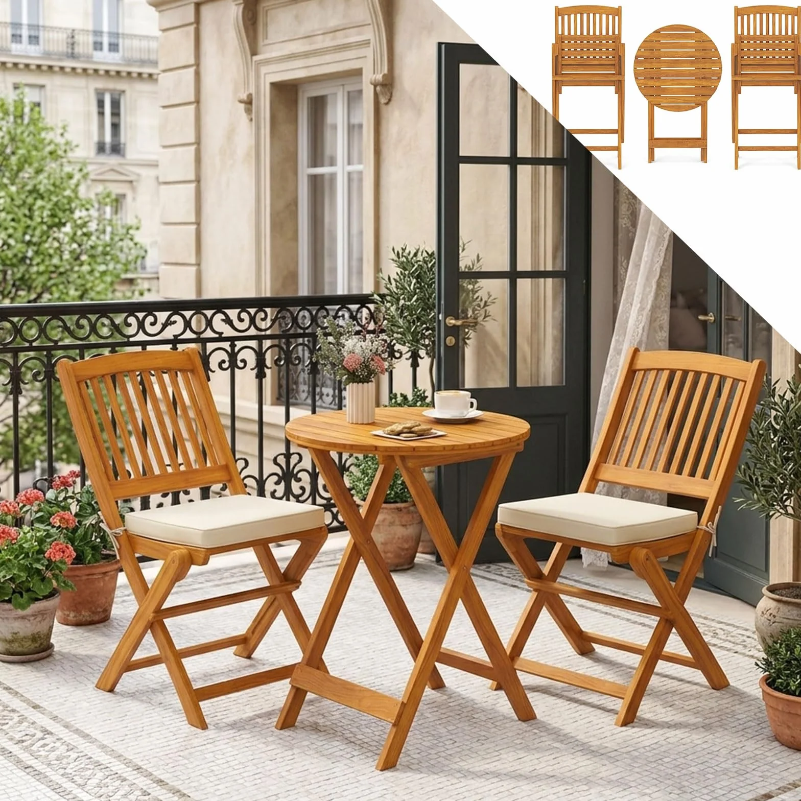 GOPLUS Juego de Mesa y Sillas para Jardín 3 Piezas, Mesa Redonda y 2 Sillas Plegables con Cojines, Madera de Acacia, Beige