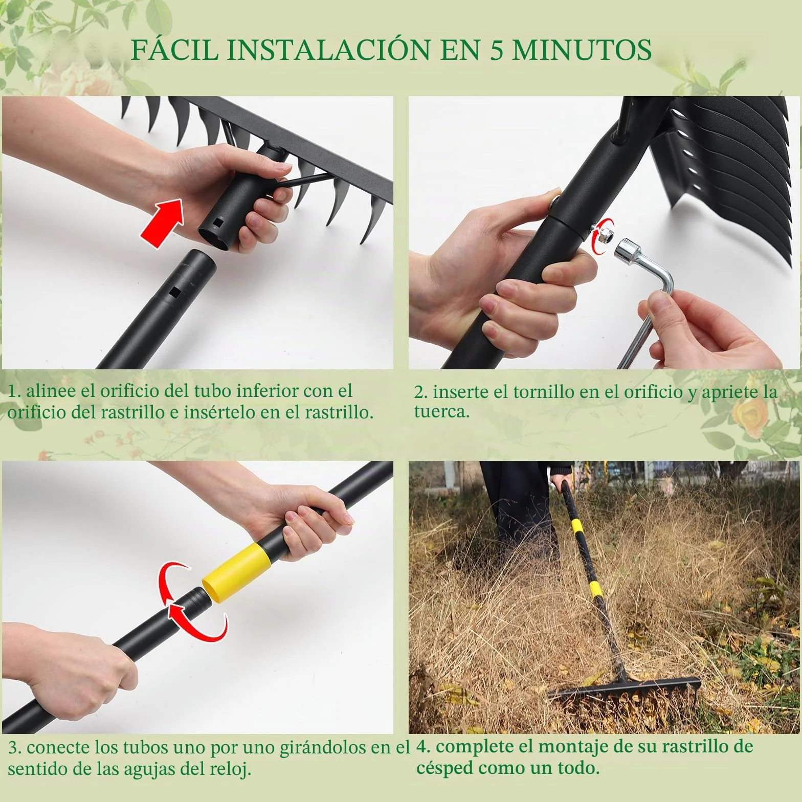Rastrillo de jardín de metal 189 cm 12 dientes mango largo negro