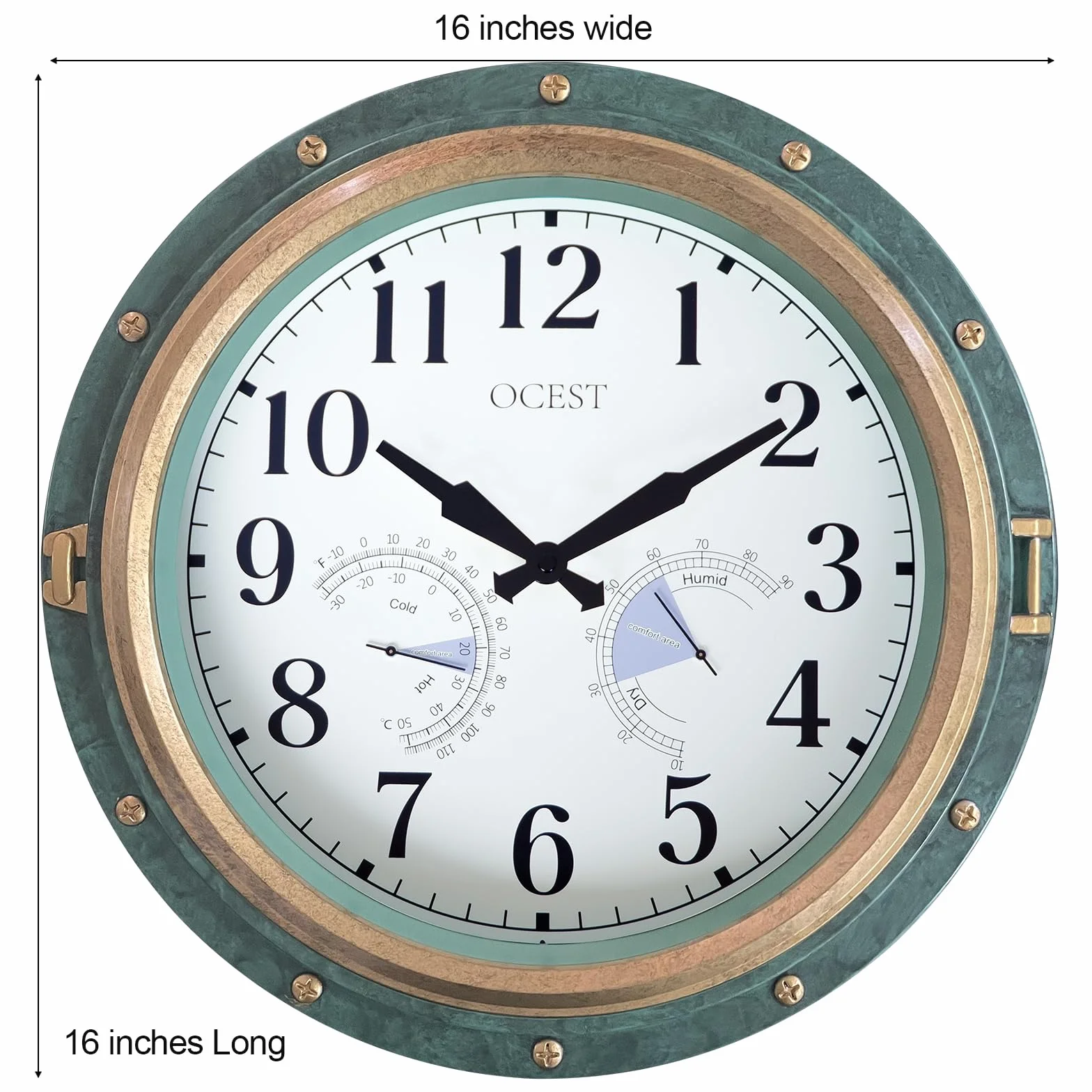 OCEST Reloj de pared impermeable 16 pulgadas termómetro higrómetro silencioso sin tictac funciona con pilas decoración hogar patio verde retro