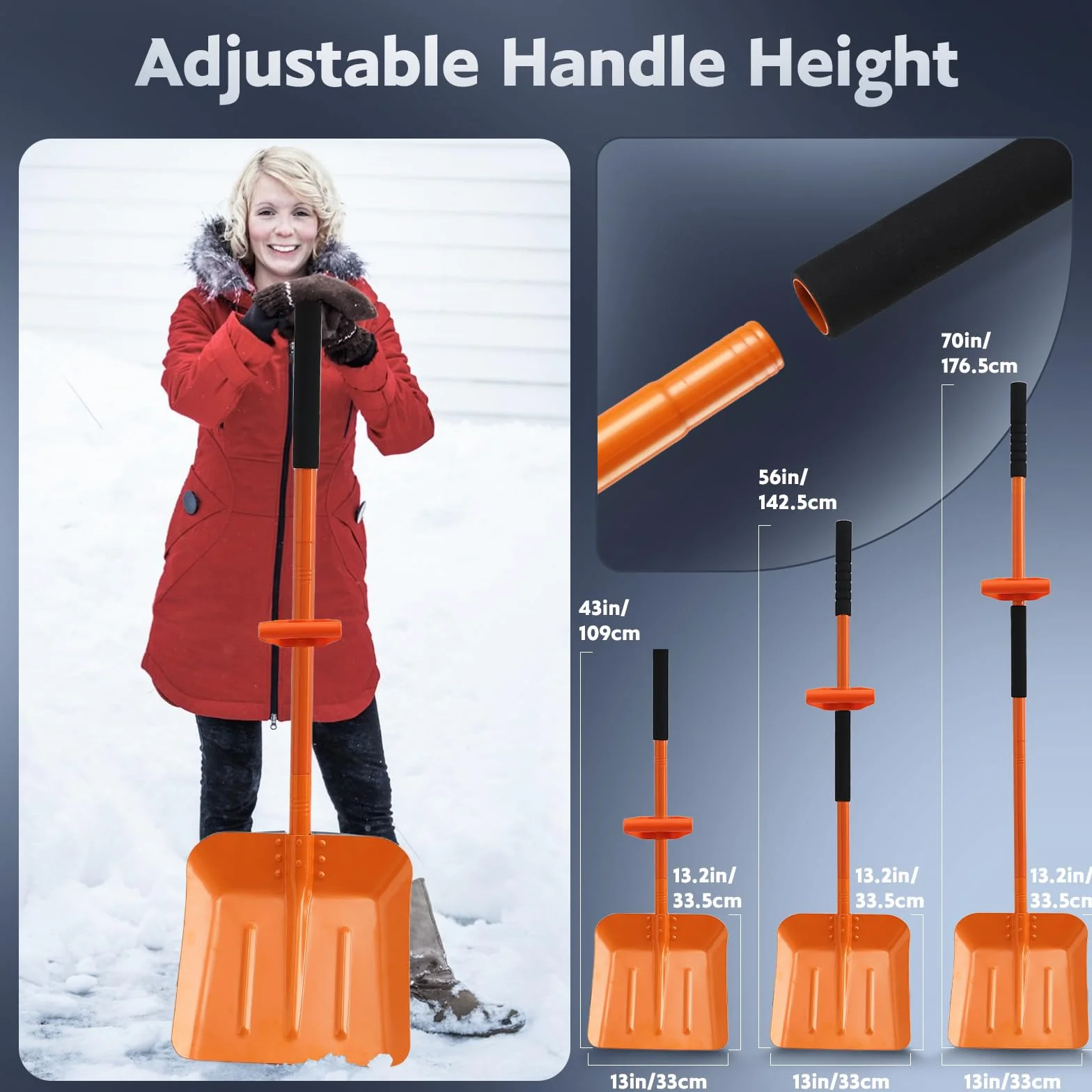 Pala de nieve metálica ergonómica 176CM manija ajustable 33CM lámina para coche emergencia