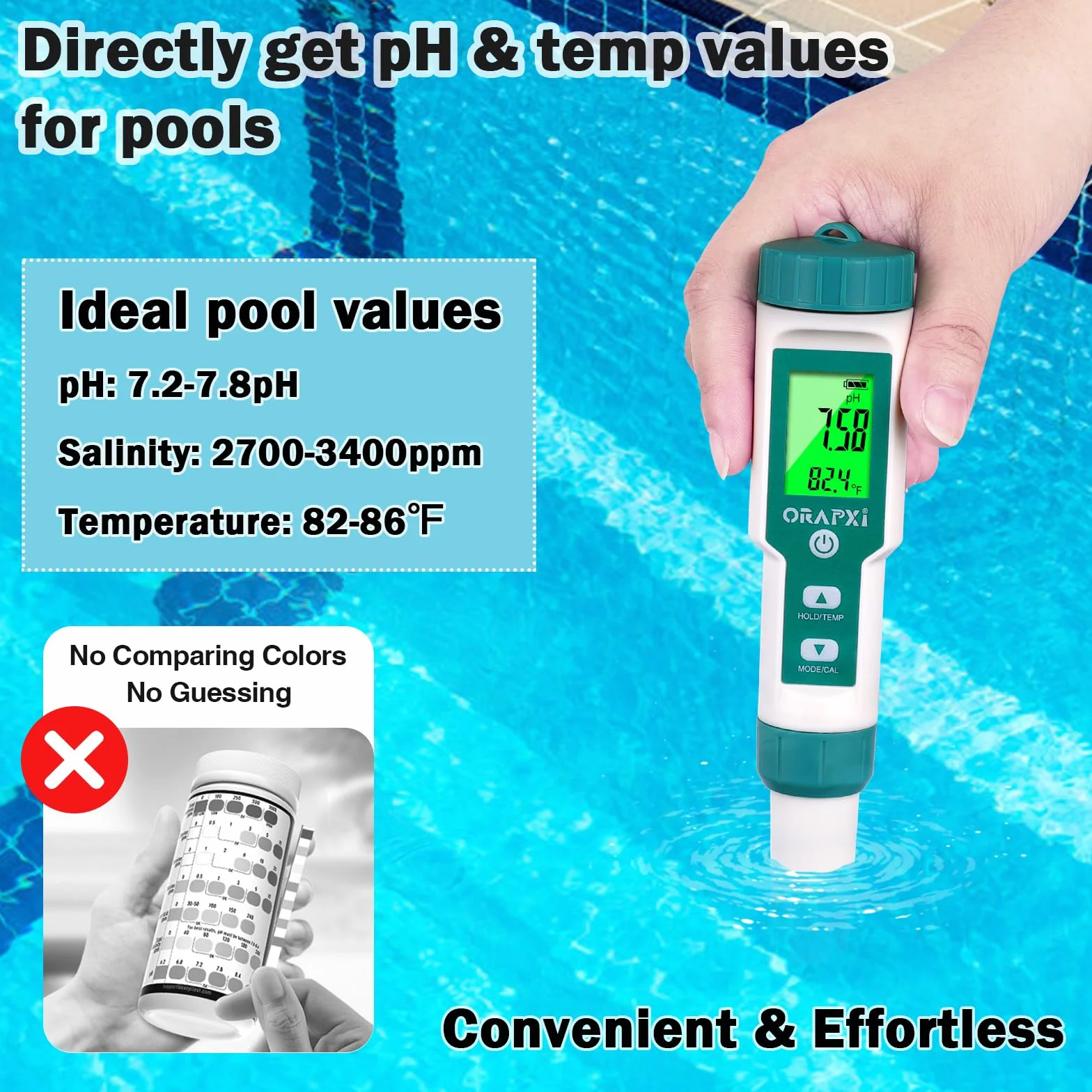 Probador de sal de piscina ORAPXI Medidor de pH y sal para piscina de agua salada Probador digital de pH y salinidad 5 en 1 Medidor de sal para piscinas Jacuzzis y spas de natación