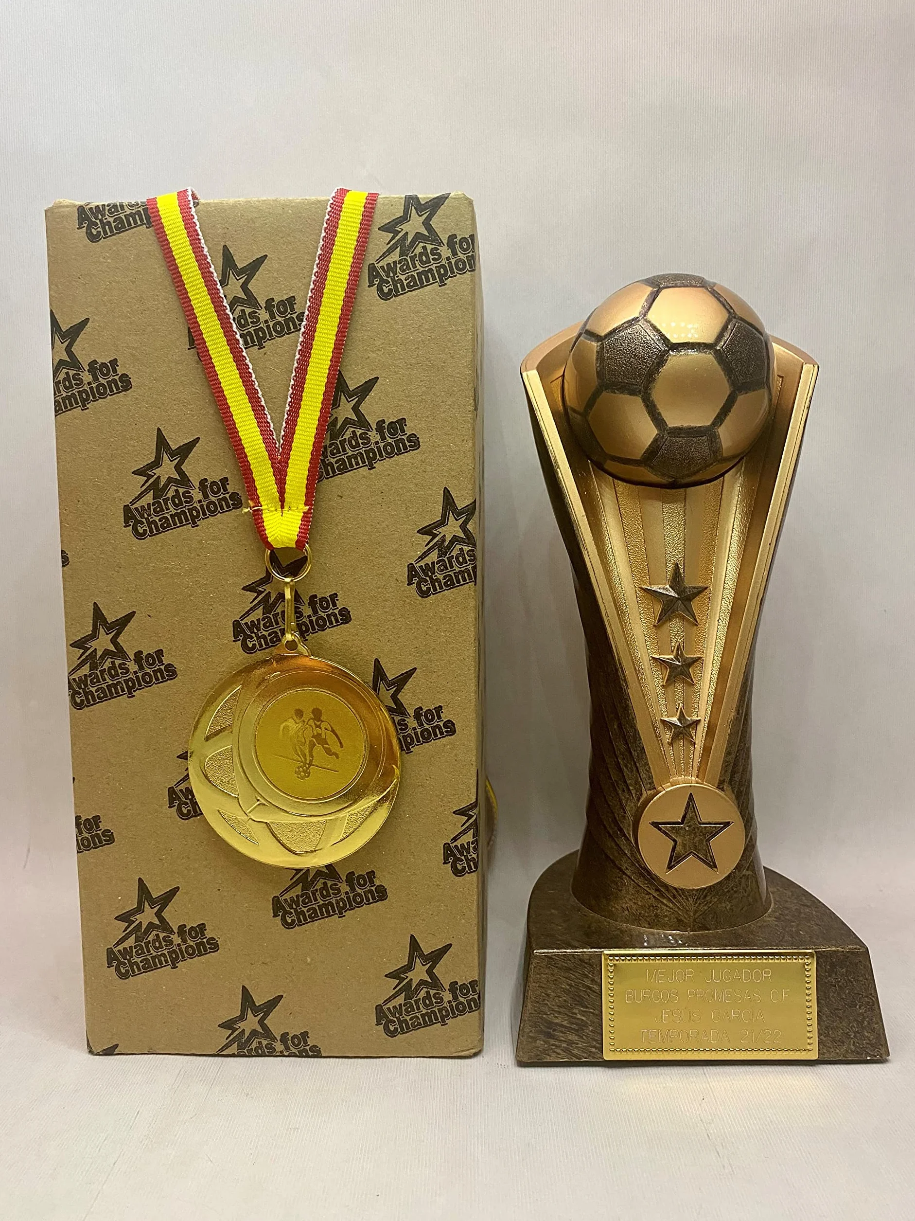 Trofeo de fútbol Balón de Oro grabado para mejor jugador, máximo goleador, con medalla de oro