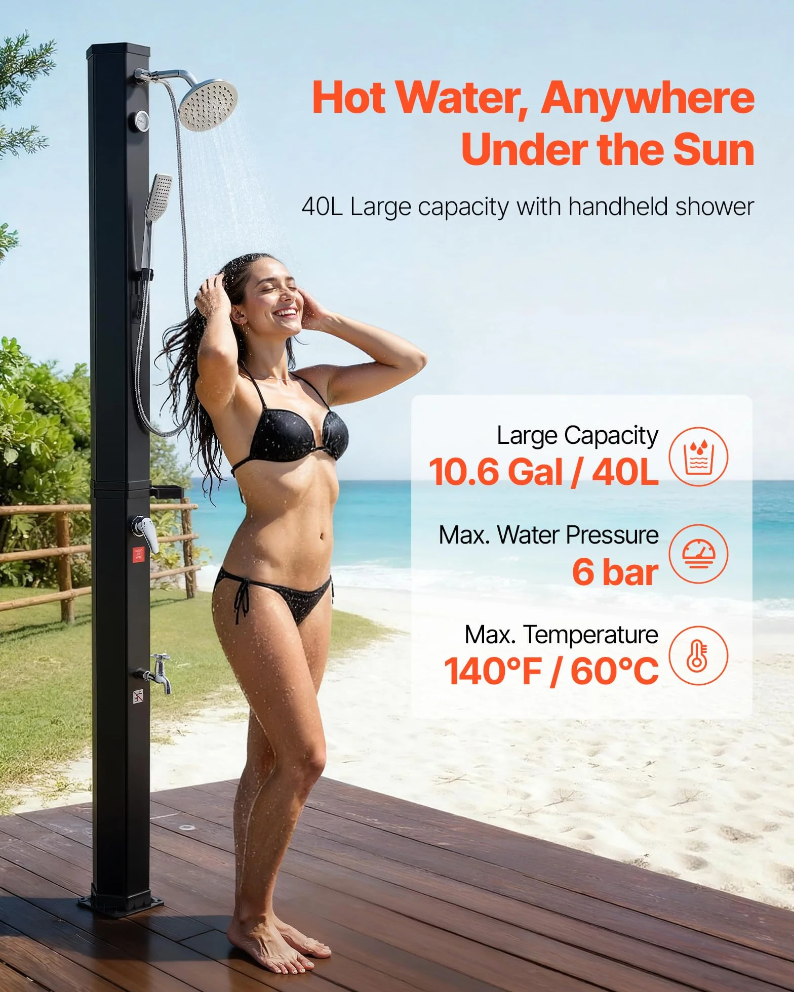 VEVOR Ducha Solar 40 litros 205 cm Exterior Grifo Rociador Cabezal Giratorio 360° Agua Fría Caliente PVC Reforzado Negro