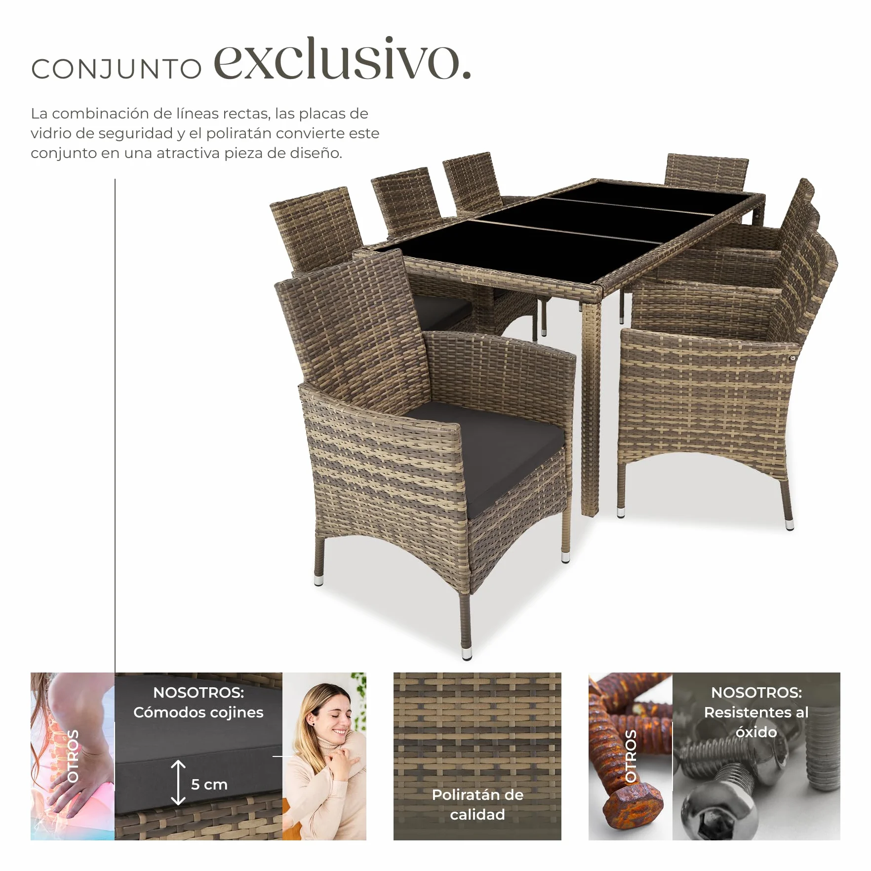 tectake® Conjunto Jardín Exterior de Ratán y Acero con Cojines, Muebles Jardín Exterior Resistentes a Intemperie, para hasta 8 Personas, Fácil Limpieza - Natural/Gris
