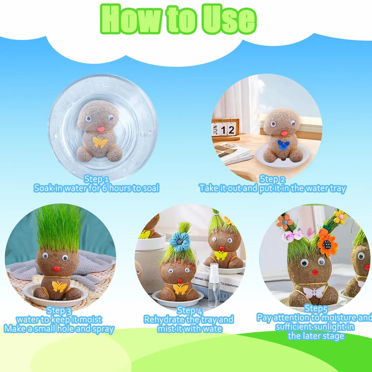 Planta De Muñeca con Cabeza De Hierba En Crecimiento, Mini Bonsai en Macetas con Bandeja (M3)