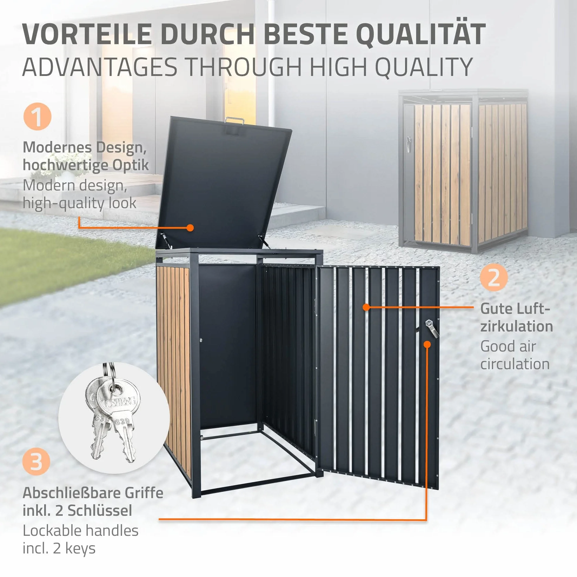 Cobertizo para Cubo de Basura 240L Antracita Aspecto Roble 68x80x116,3 cm Caseta de Acero para Jardín Exterior
