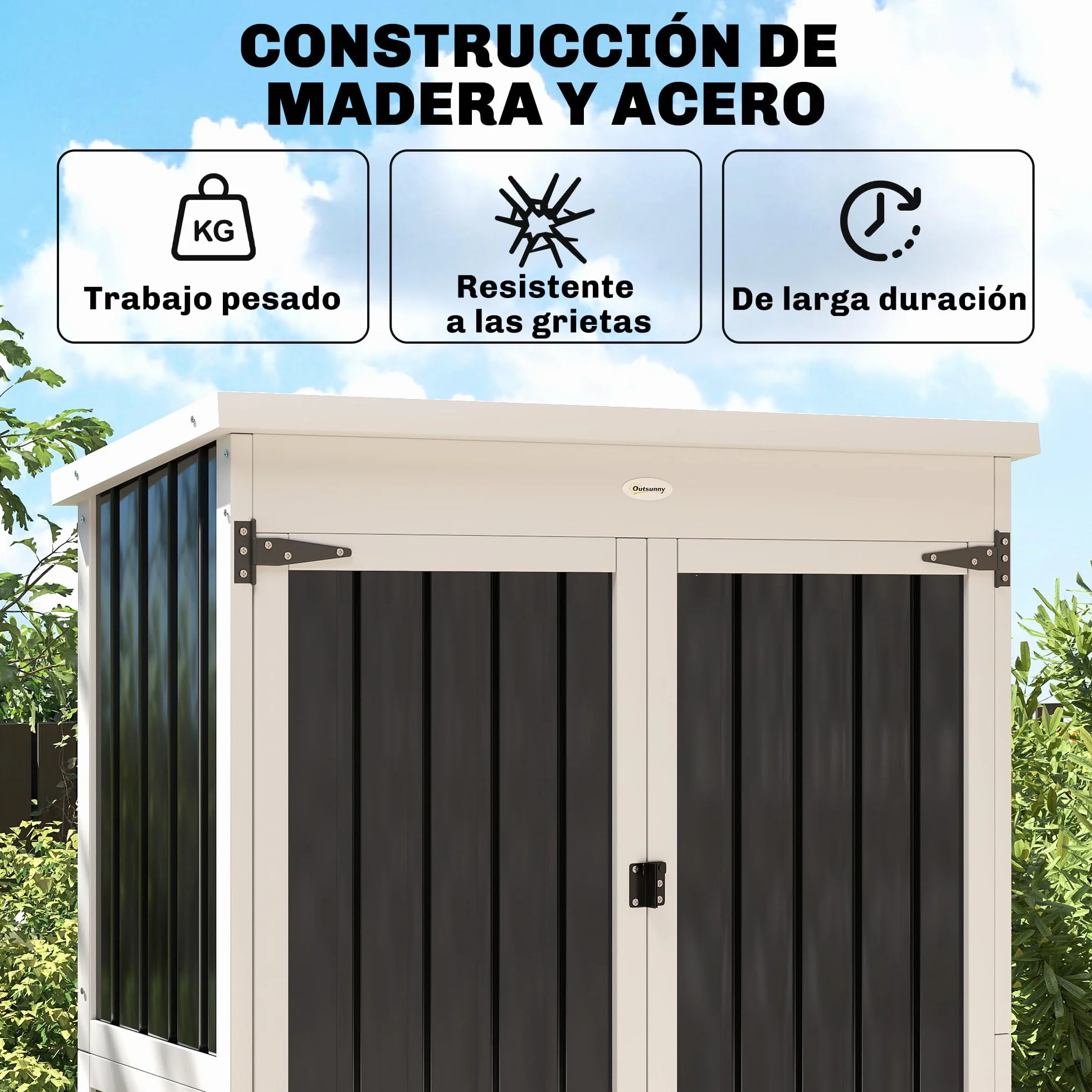 Outsunny Caseta de Jardín Madera Acero 94x43x166 cm Cobertizo Exterior Armario Herramientas 2 Puertas Estantes Ajustables Techo Impermeable Negro