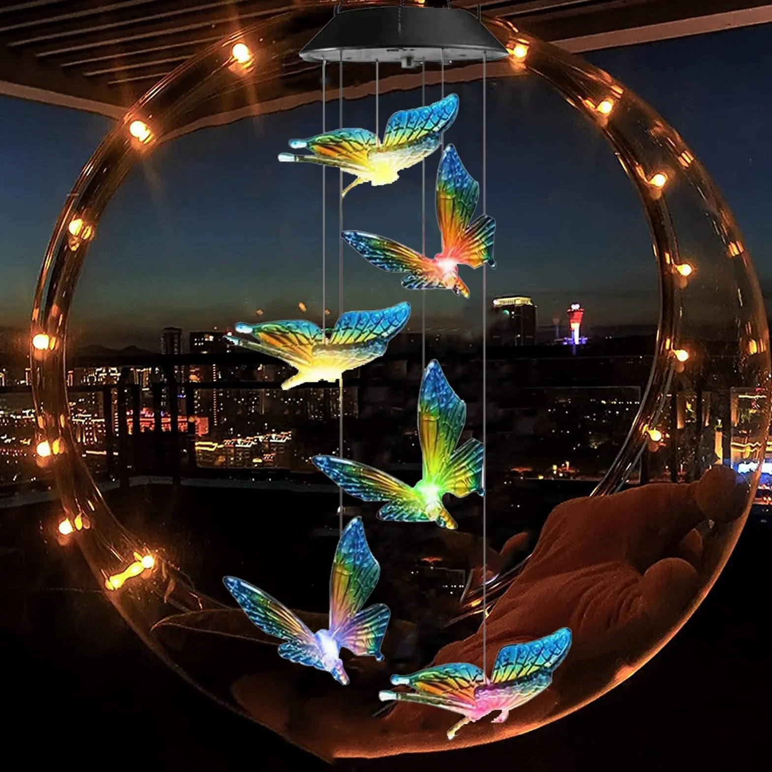 Campanilla de Viento Mariposa Solar LED Cambia Color Impermeable Decoración Jardín Patío Regalo