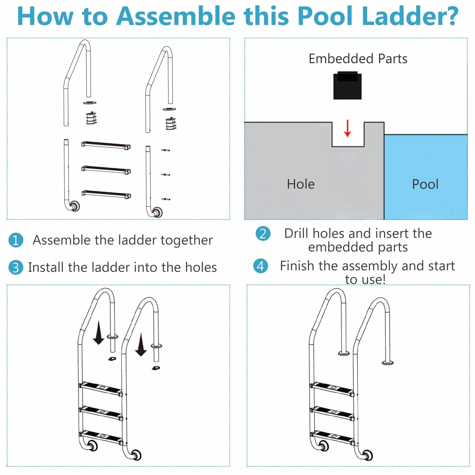 LIFEZEAL Escalera de Piscina 3 Peldaños Acero Inoxidable 304 Forma U Antideslizante Pasamanos Curvo