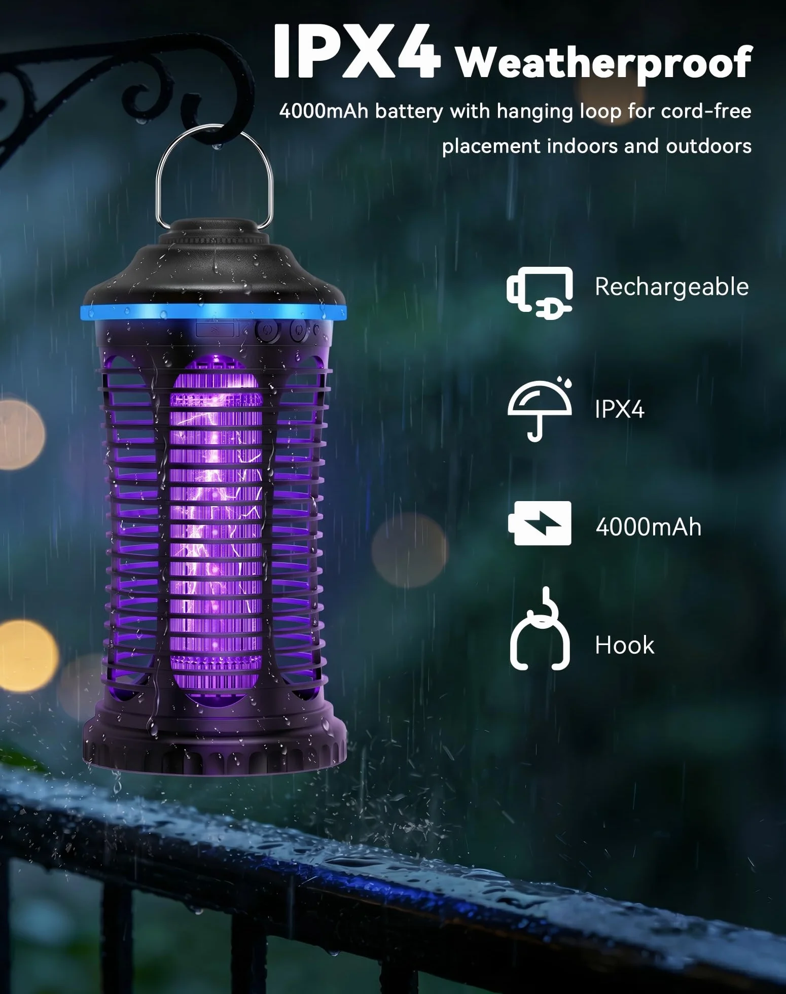 Lámpara Antimosquitos Eléctrica 4000 mAh Portátil USB Recargable Insect Killer 2000 V Trampa Luz LED Exterior Interior Hogar