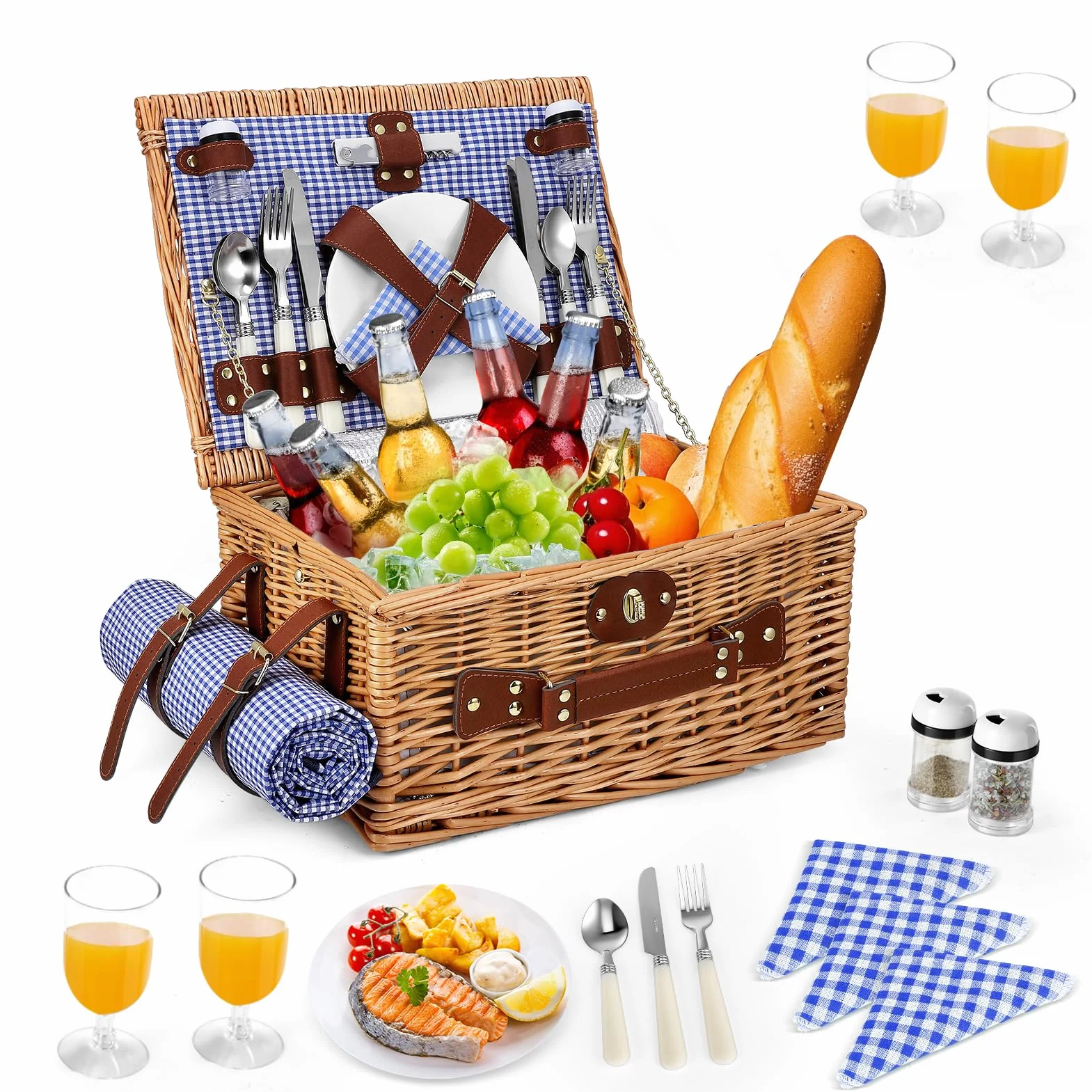 Juego de Cestas de Picnic de Mimbre para 4 Personas, con Compartimento Refrigerante, Manta Impermeable, Platos, Vasos, Cubiertos, para Acampada, Excursiones (Azul, Cierre metálico)