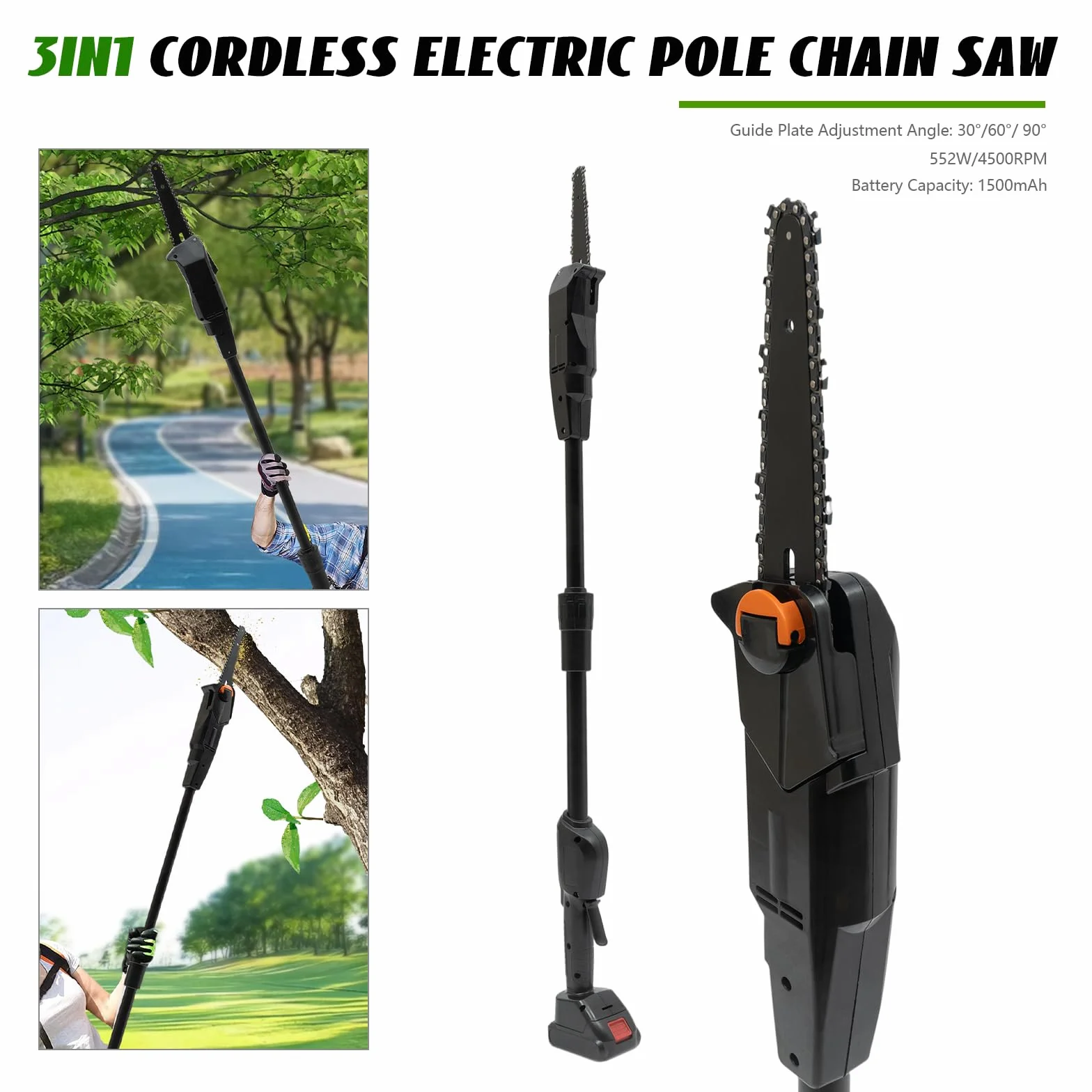 Batería podadora de hasta 1,25 m, 552 W, motor sin escobillas, 4500 rpm, 1200 m/min, sierra de podar profesional con batería de litio de 1500 mAh para cortar y podar ramas