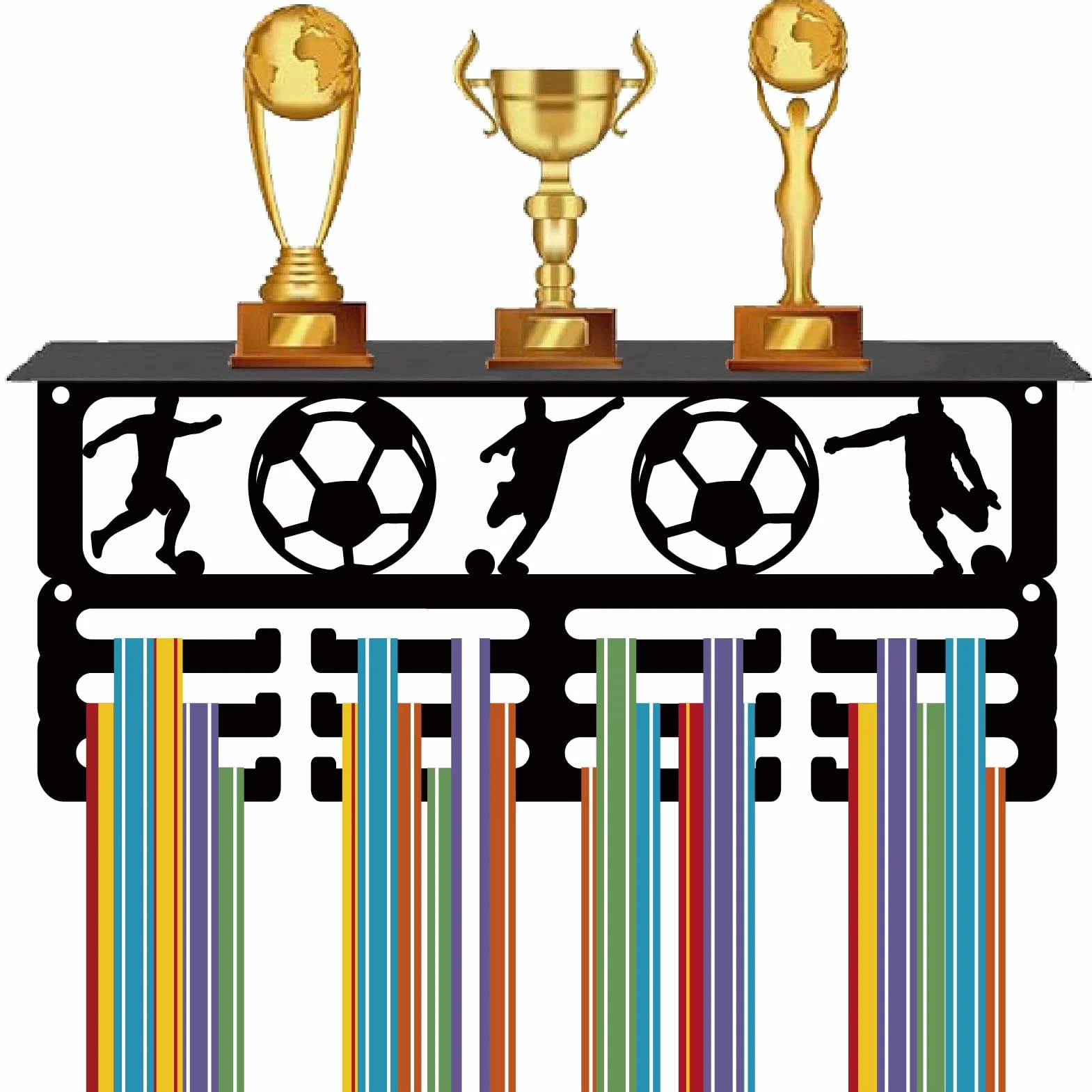 CREATCABIN Estante para Trofeos de Fútbol con 12 Ganchos, Colgador de Medallas de Pared Negro