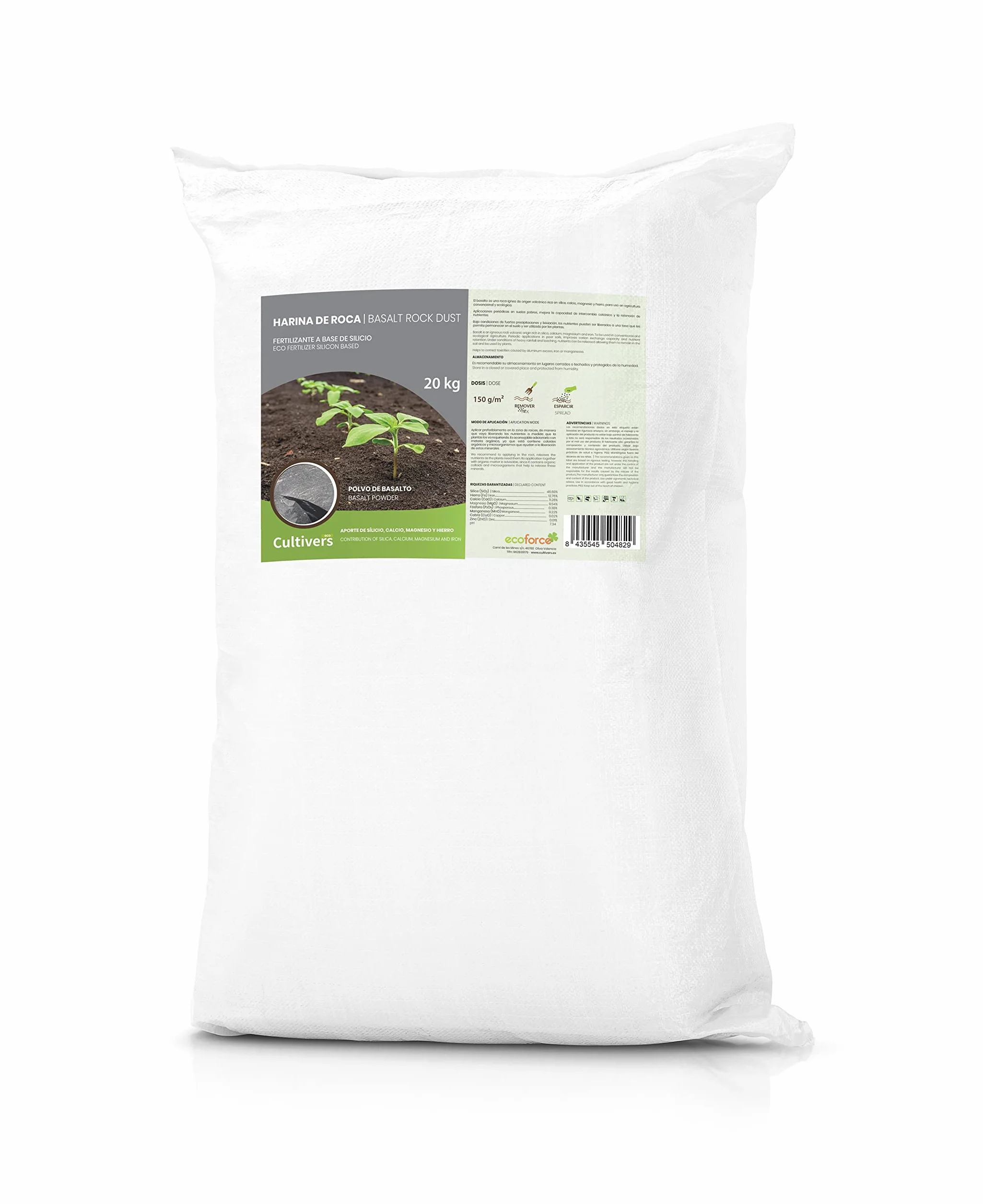 CULTIVERS Harina de Roca 20 kg Fertilizante de Basalto Silicio 46% Hierro 12% Calcio 11% Magnesio 9%
