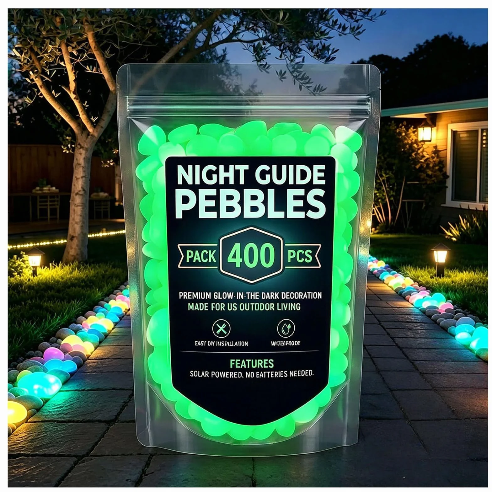 Glow in the Dark Pebbles Luminous Stones for Garden Pathways, Yard, Aquarium (Green, 400pcs)