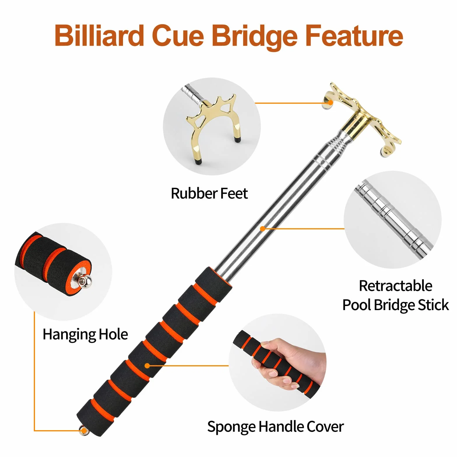 MXiiXM Palo retráctil para puente de billar con cabezal reemplazable de 3 estilos, accesorios para mesa de billar dorado