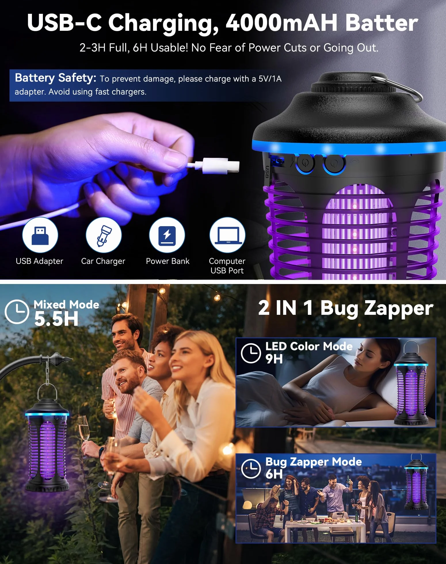 Lámpara Antimosquitos Eléctrica 4000 mAh Portátil USB Recargable Insect Killer 2000 V Trampa Luz LED Exterior Interior Hogar