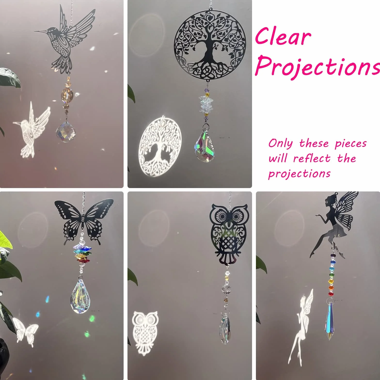 Atrapasoles Colgante de Cristal Pack de 5 Árbol Búho Colibrí Mariposa Hada Decoración Ventana Jardín