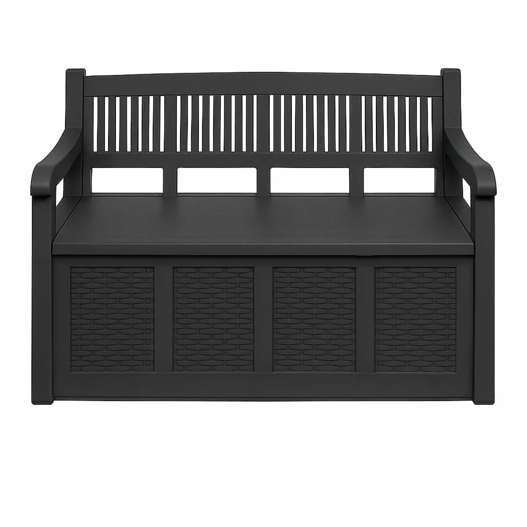 Banco de Jardin con Baul Almacenaje Integrado 130x60x85 Respaldo Alto Apoyabrazos Antracita 280L