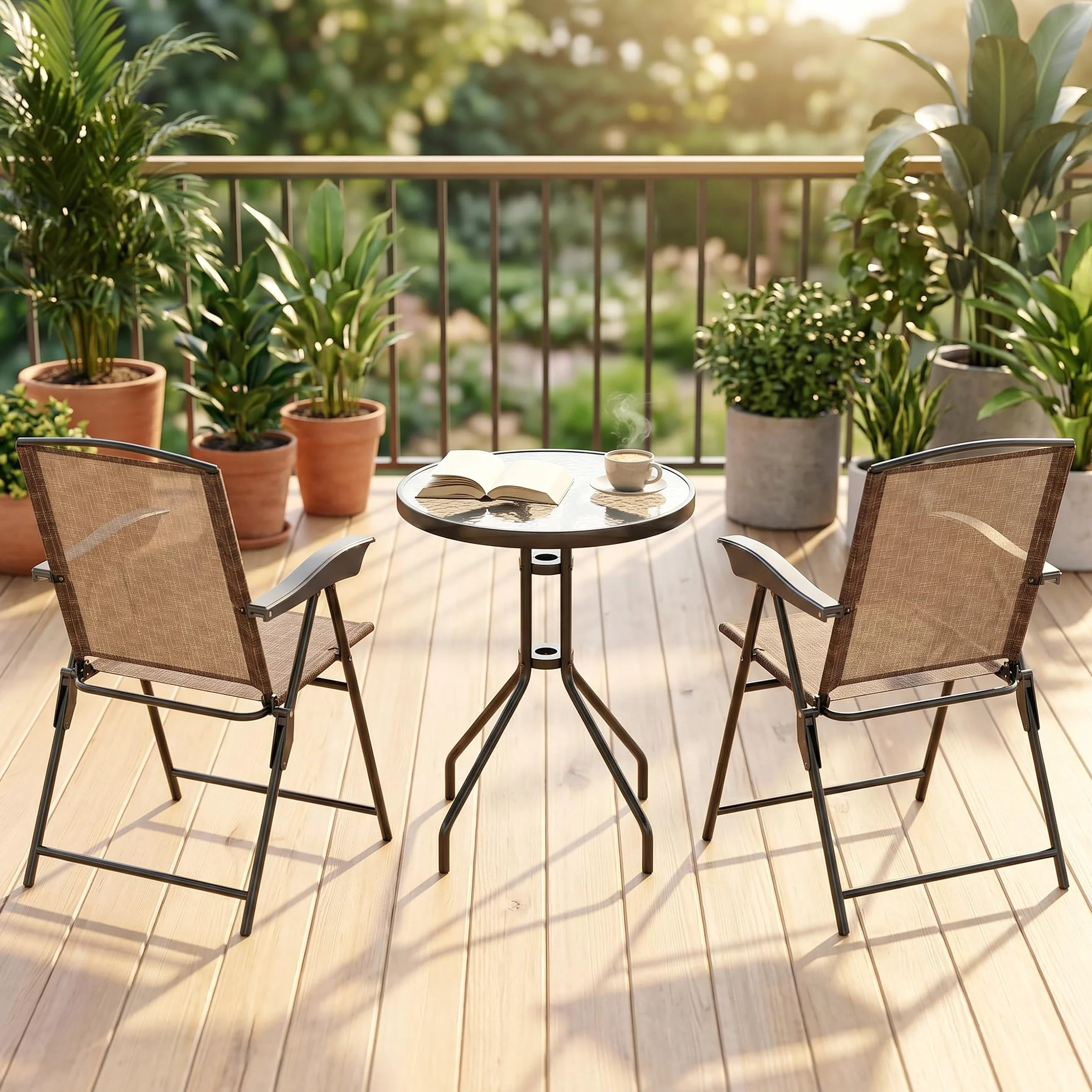 Outsunny Conjunto Mesa y 2 Sillas Jardín Exterior Plegable Respaldo Reclinable 4 Niveles Texteline Acero Marrón