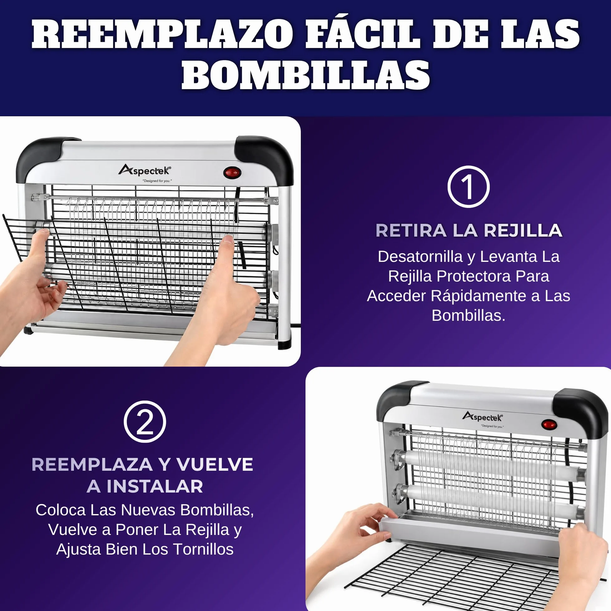 ASPECTEK Lámpara Antimosquitos Eléctrica 20W 2800V Mata Moscas Insectos Interior Trampa Mosquitos Incluye 2 Bombillas UV Repuesto